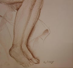 Modèle en attente dans l'atelier - dessin original signé au fusain