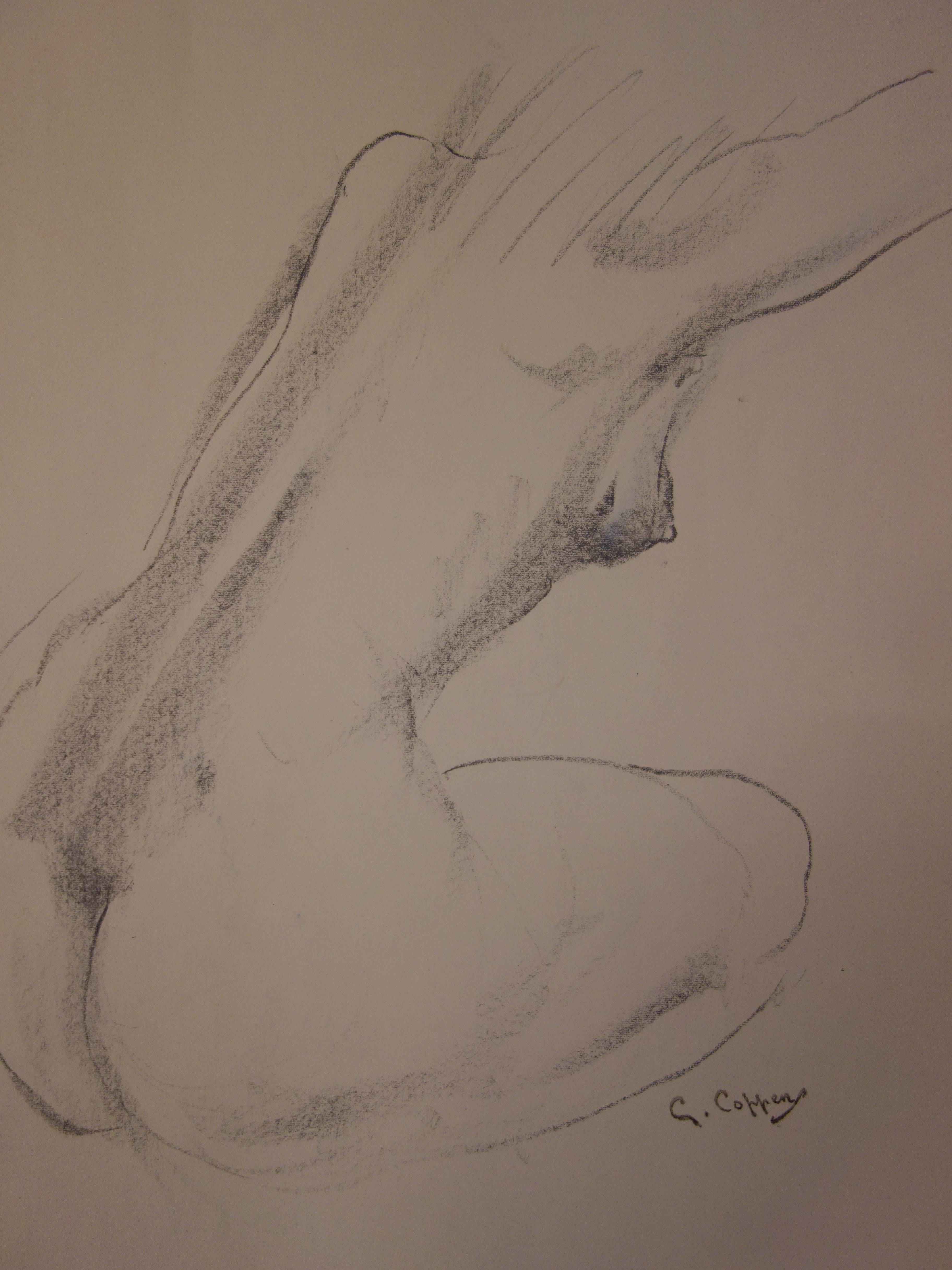 Study of a Seated Model - Original signed charcoals drawing - Brown Nude by Gaston Coppens