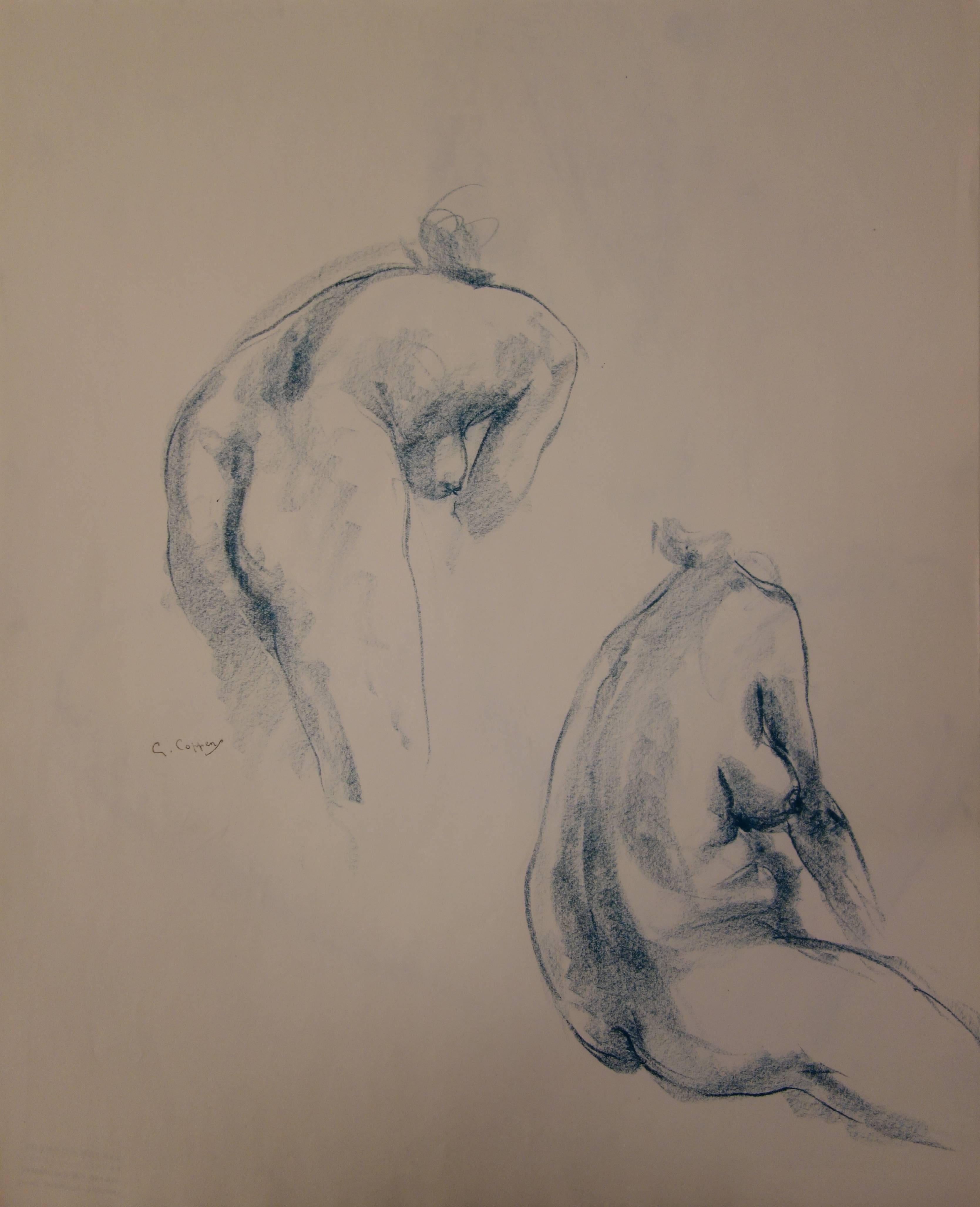 Two Studies of a Nude Profile - Original signed charcoals drawing - Art by Gaston Coppens