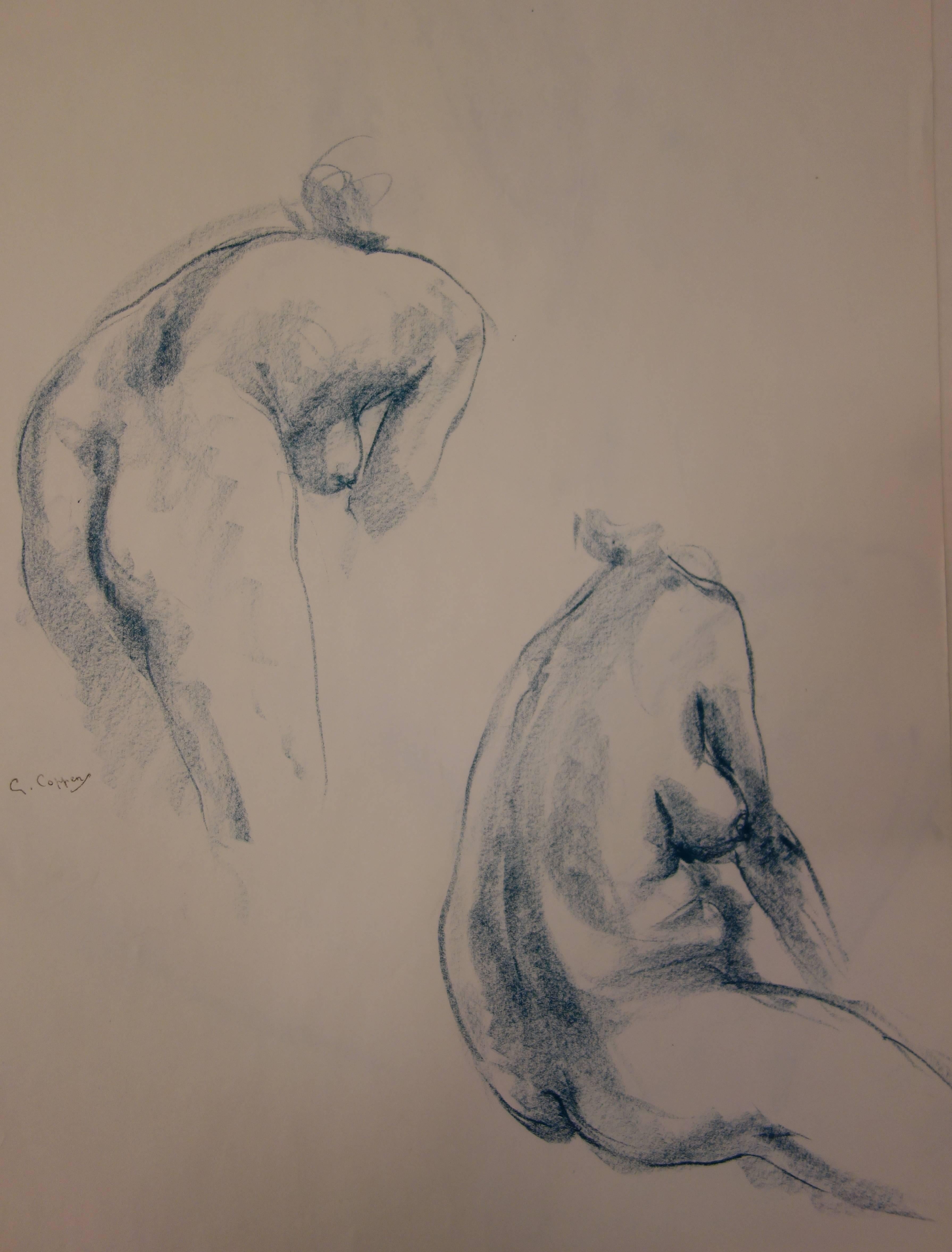 Two Studies of a Nude Profile - Original signed charcoals drawing - Modern Art by Gaston Coppens