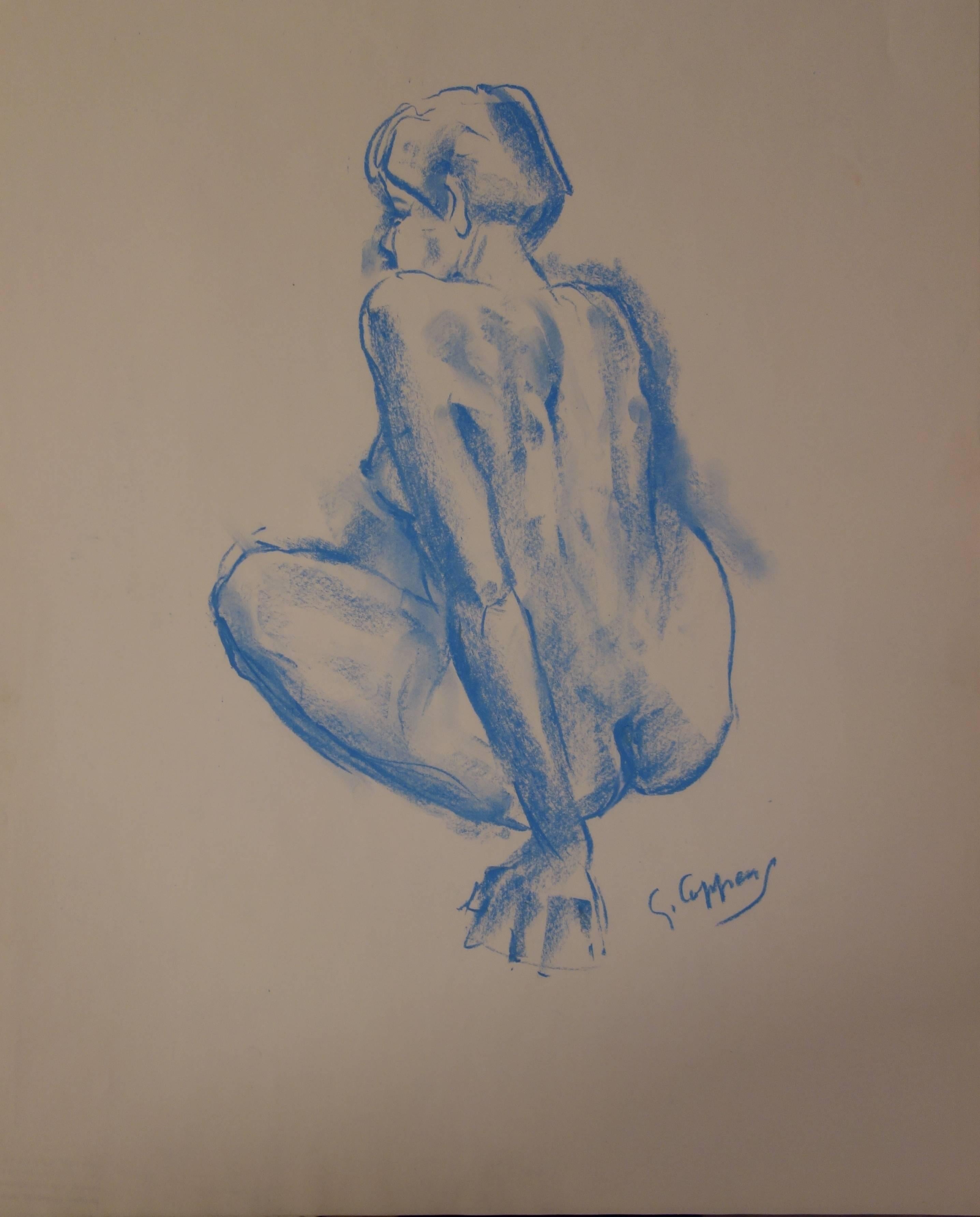 Nude di Gaston Coppens - Modella che si alza - Disegno originale firmato a carboncino