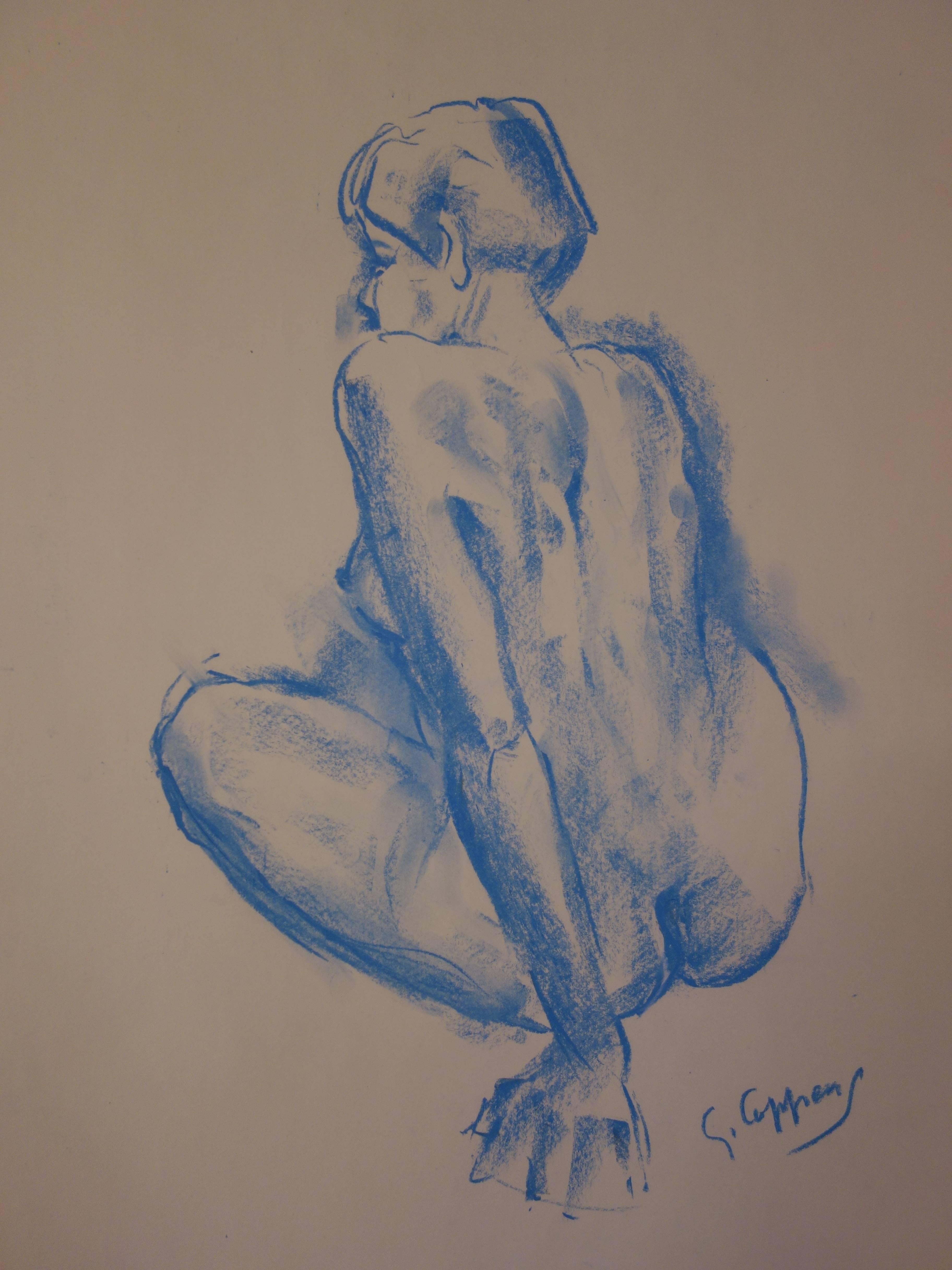 Model Getting Up - Original signed charcoals drawing - Gray Nude by Gaston Coppens