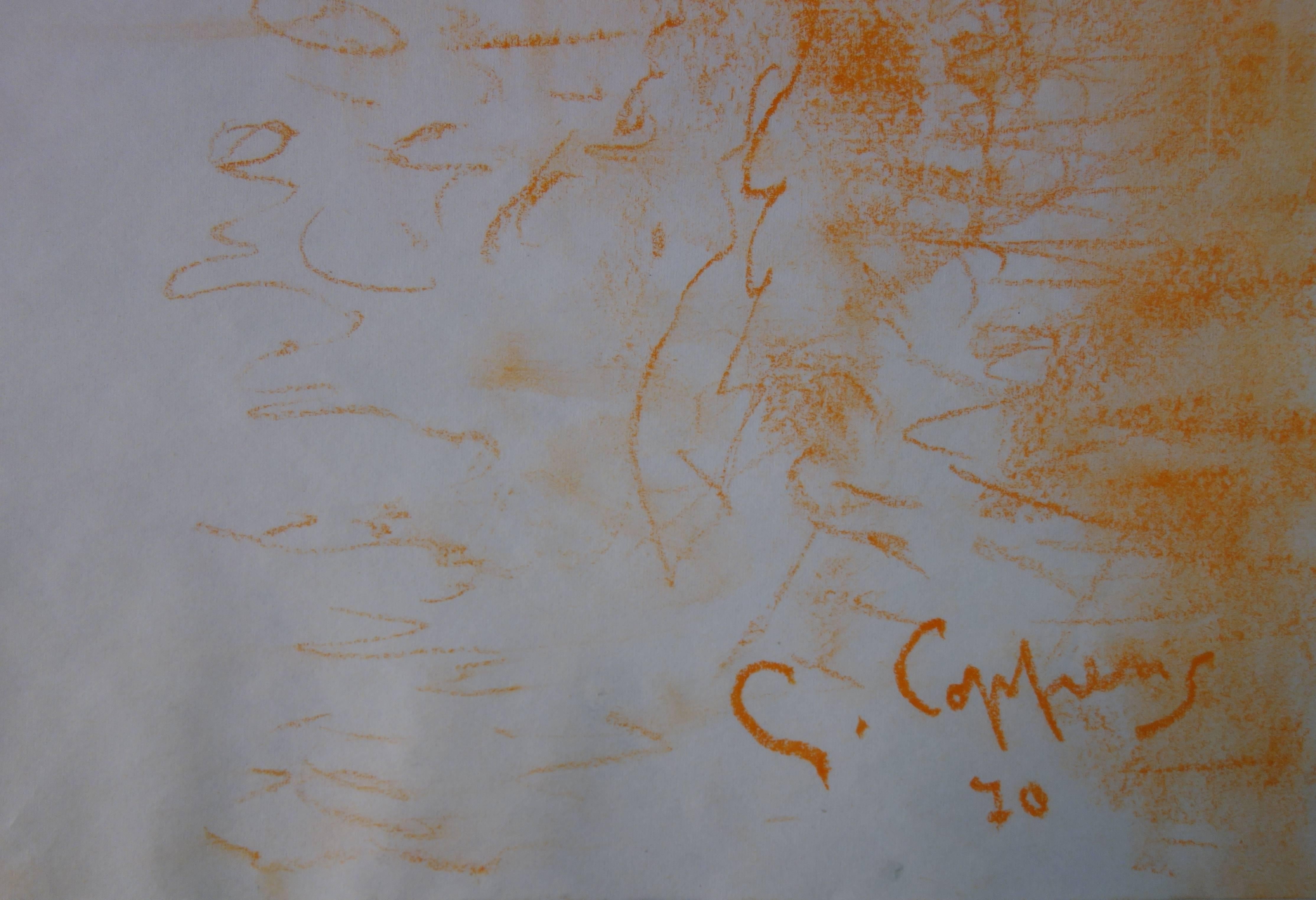 Piccolo villaggio lungo il fiume - Disegno originale a carboncino firmato - Art di Gaston Coppens