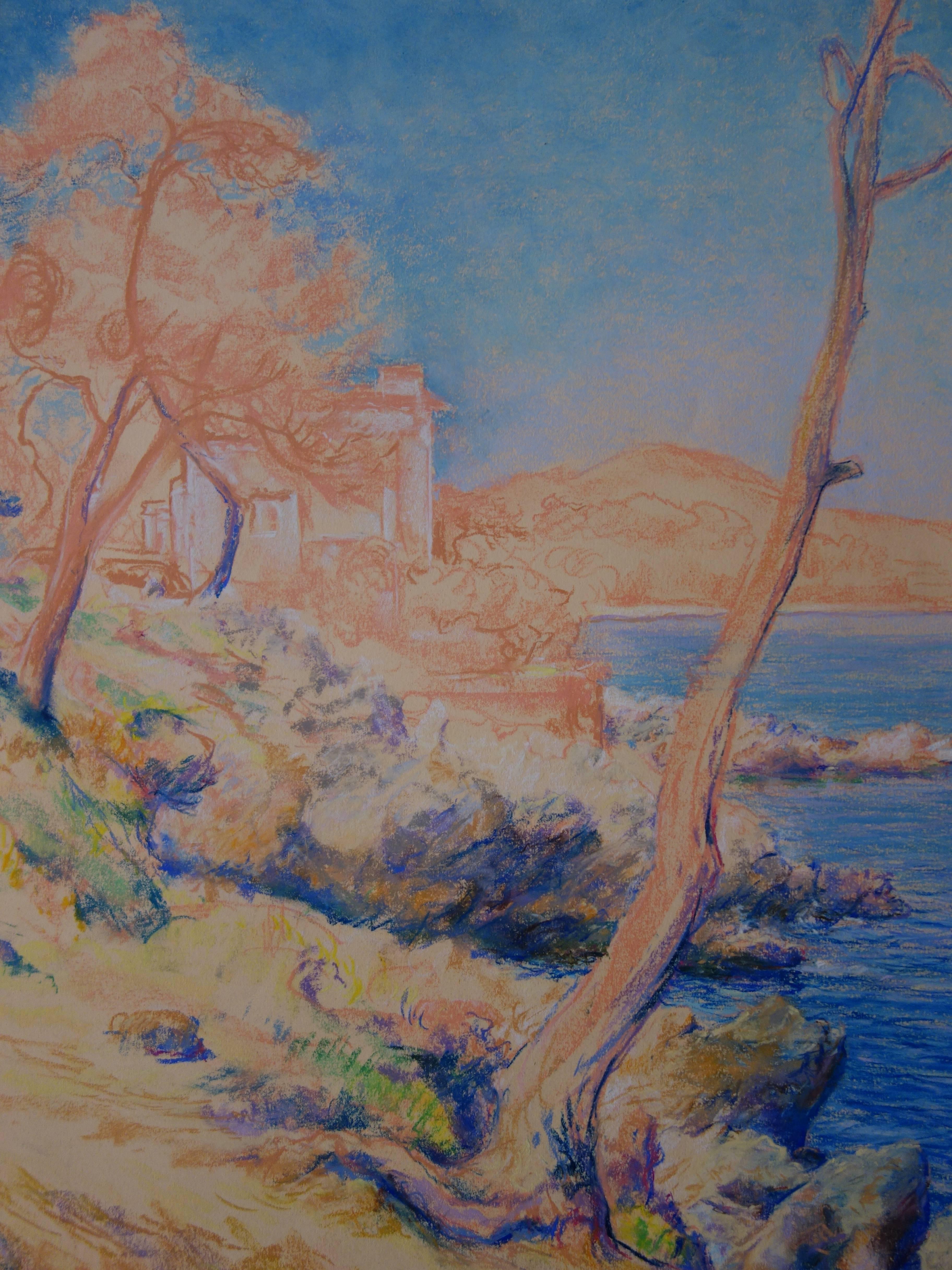 La côte des mers de Savage près de Saint Tropez - dessin original au fusain - Art de Gaston Coppens