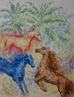 Vintage Tropical Savage Horses - Original signed charcoals drawing