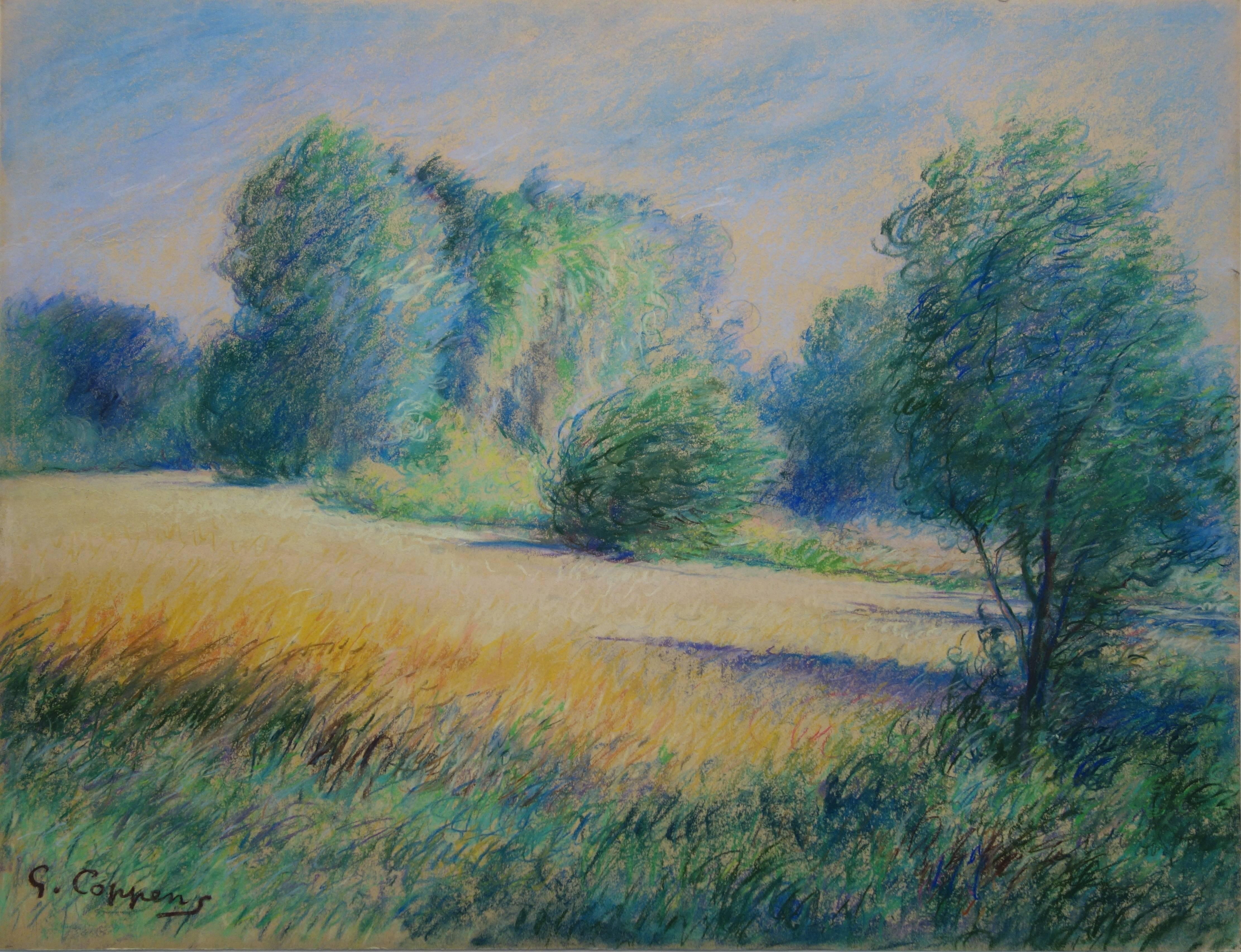 Gaston Coppens Landscape Art - Tribute to Monet : Impressionist Countryside - Original charcoal drawing, Signed