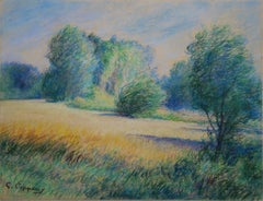 Hommage à Monet : Campagne impressionniste - Dessin original au fusain:: Signé
