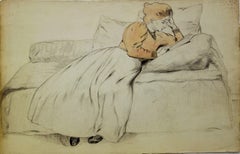 Red Hair Woman Reading - Original Charcoals Drawing