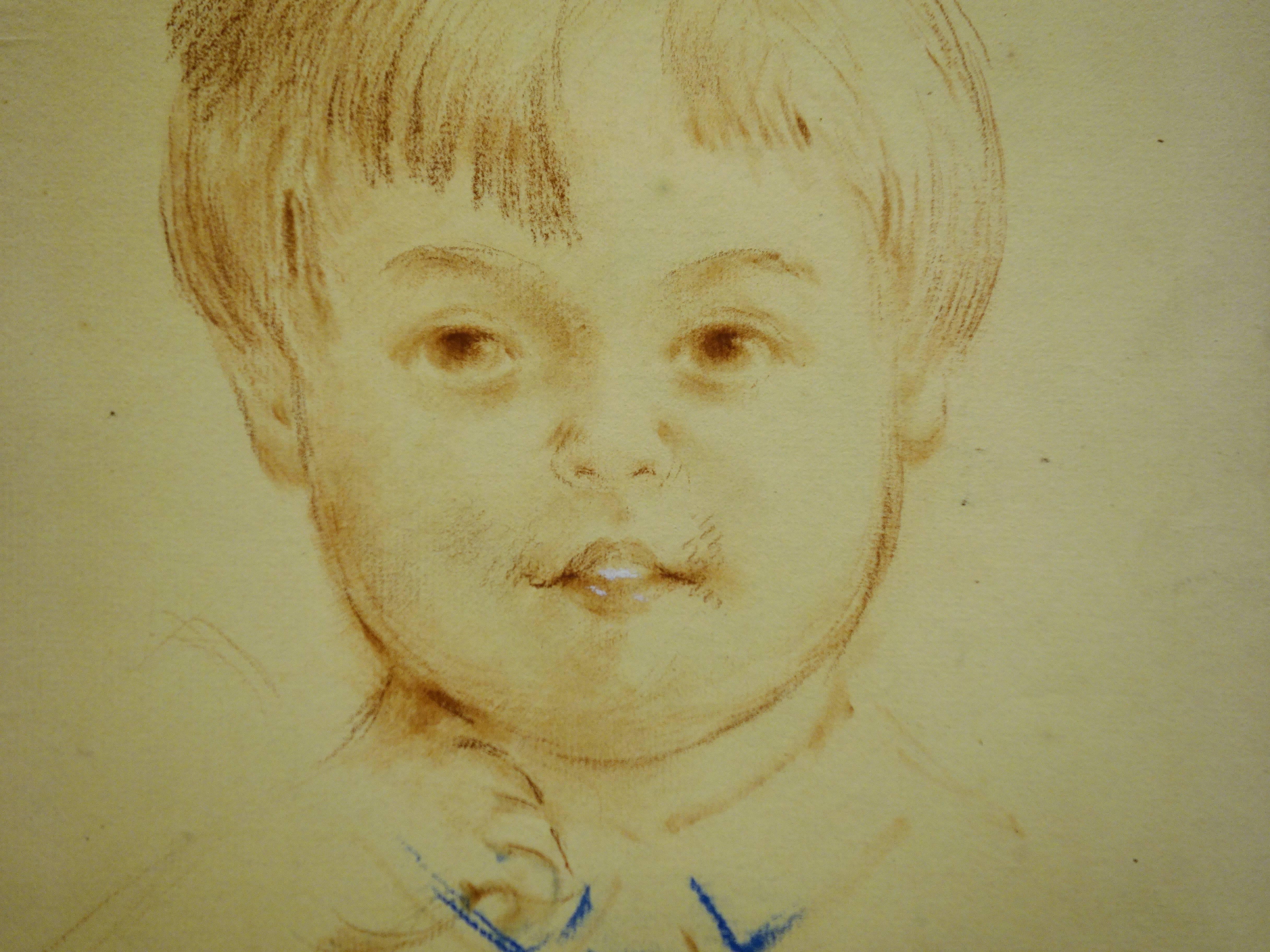 Jeune garçon qui sourit - Dessin original au fusain  - Réalisme Art par Gustave Poetzsch