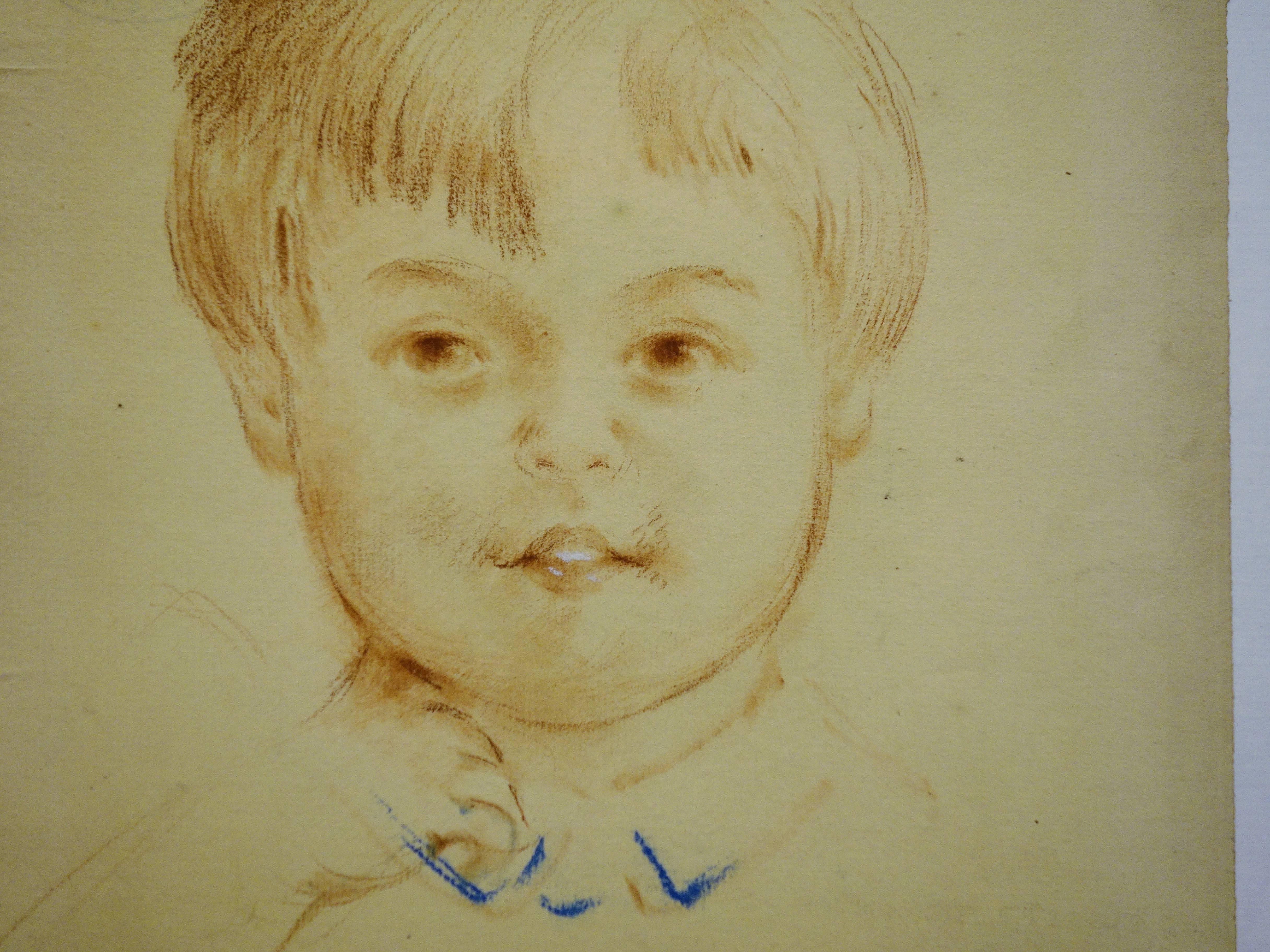 Lächelnder Junge - Original-Kohlezeichnung  (Braun), Figurative Art, von Gustave Poetzsch