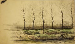 Landscape with River in Early Spring - Original Signed Charcoals Drawing 