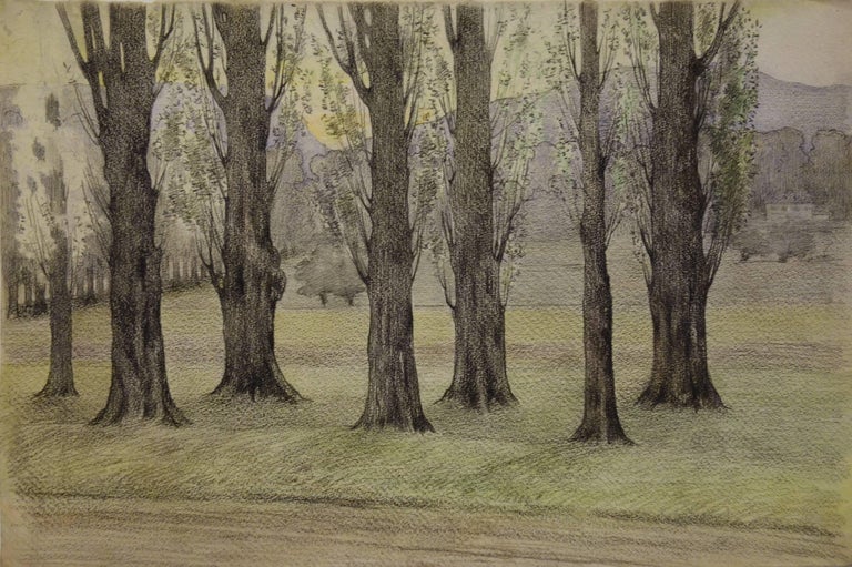 Gustave Poetzsch Landscape Art - Trees near the Road - Original Watercolor and Charcoals Drawing 
