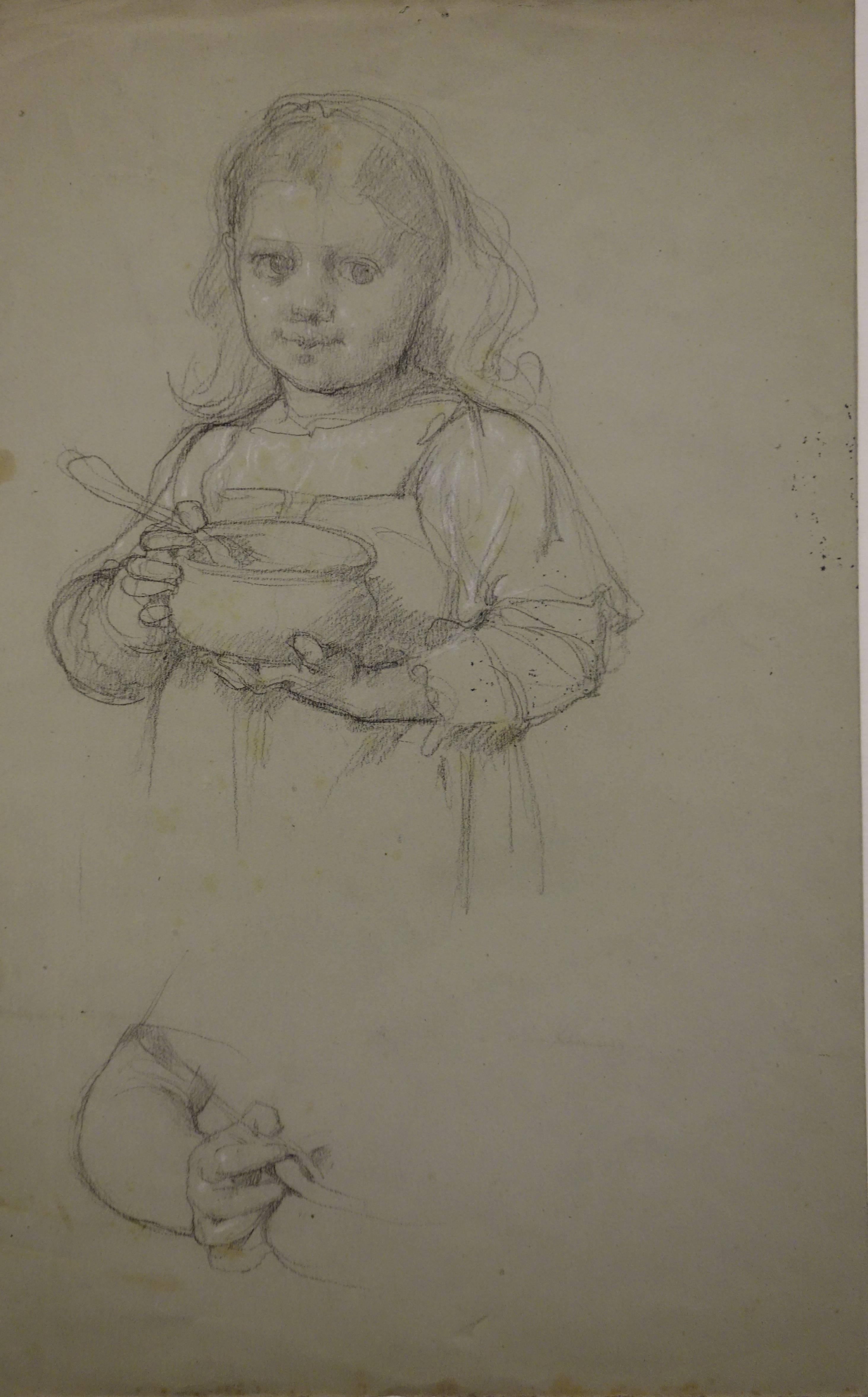 Manner of Vermeer : Young Girl with a Bowl - Original Charcoals Drawing 