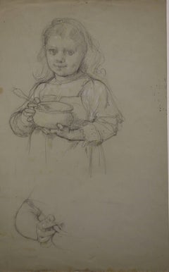 Manner of Vermeer : Young Girl with a Bowl - Original Charcoals Drawing 