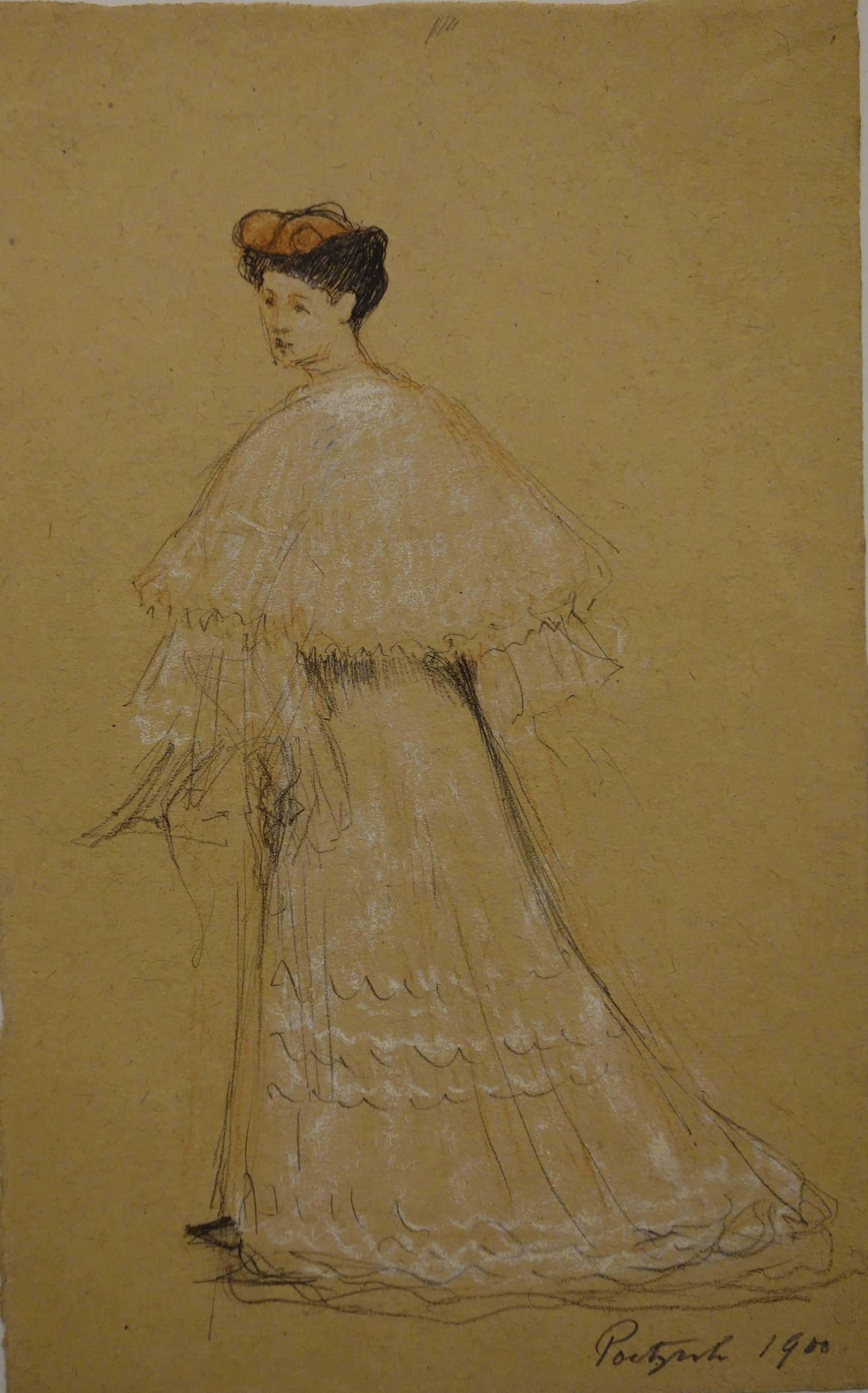 Gustave Poetzsch Figurative Art - Woman in 1900s Dress - Original Signed Charcoals Drawing 