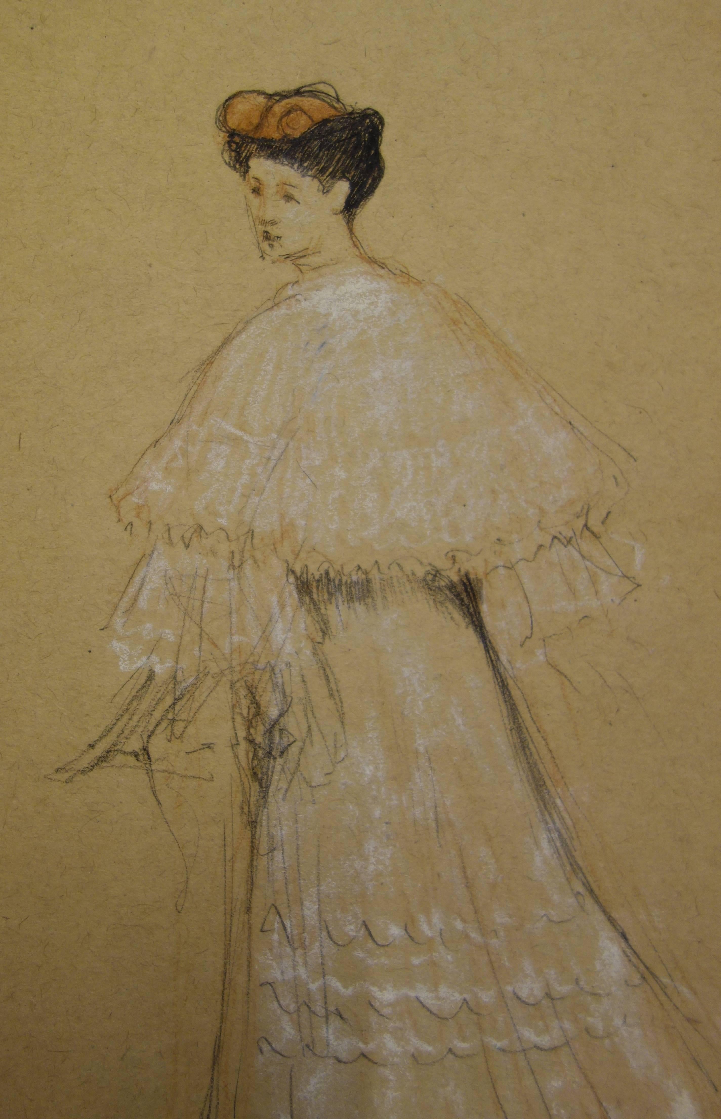 Woman in 1900s Dress - Original Signed Charcoals Drawing  - Realist Art by Gustave Poetzsch