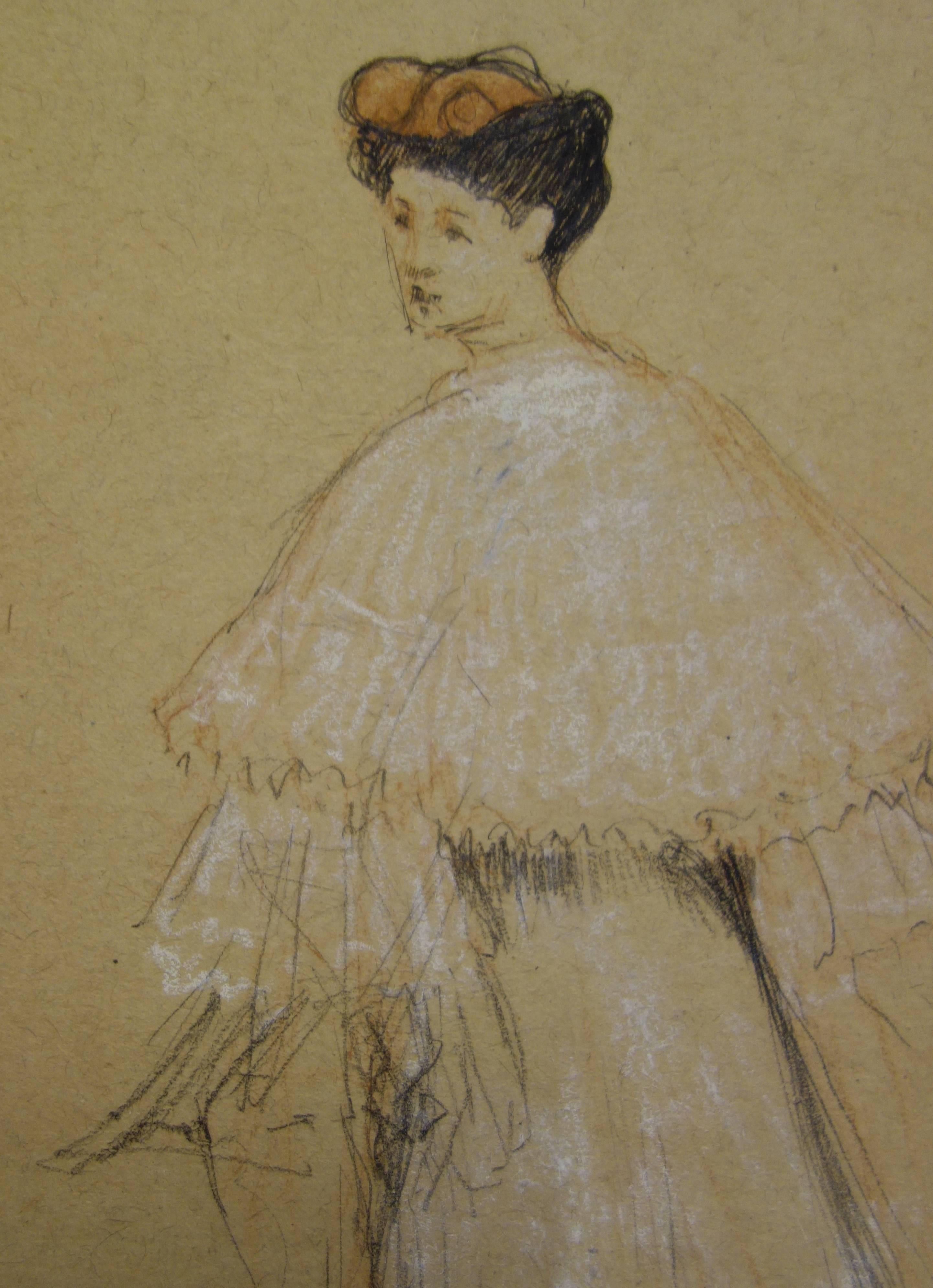 Gustave Poetzsch (1870-1950) 
Woman in 1900s Dress, 1900

Original charcoals and pencil drawing
Signed and dated bottom right
Stamp of the Estate auction sale on the back
On ocher tinted vellum 26 x 16 cm (c. 10 x 6 in)

Very good