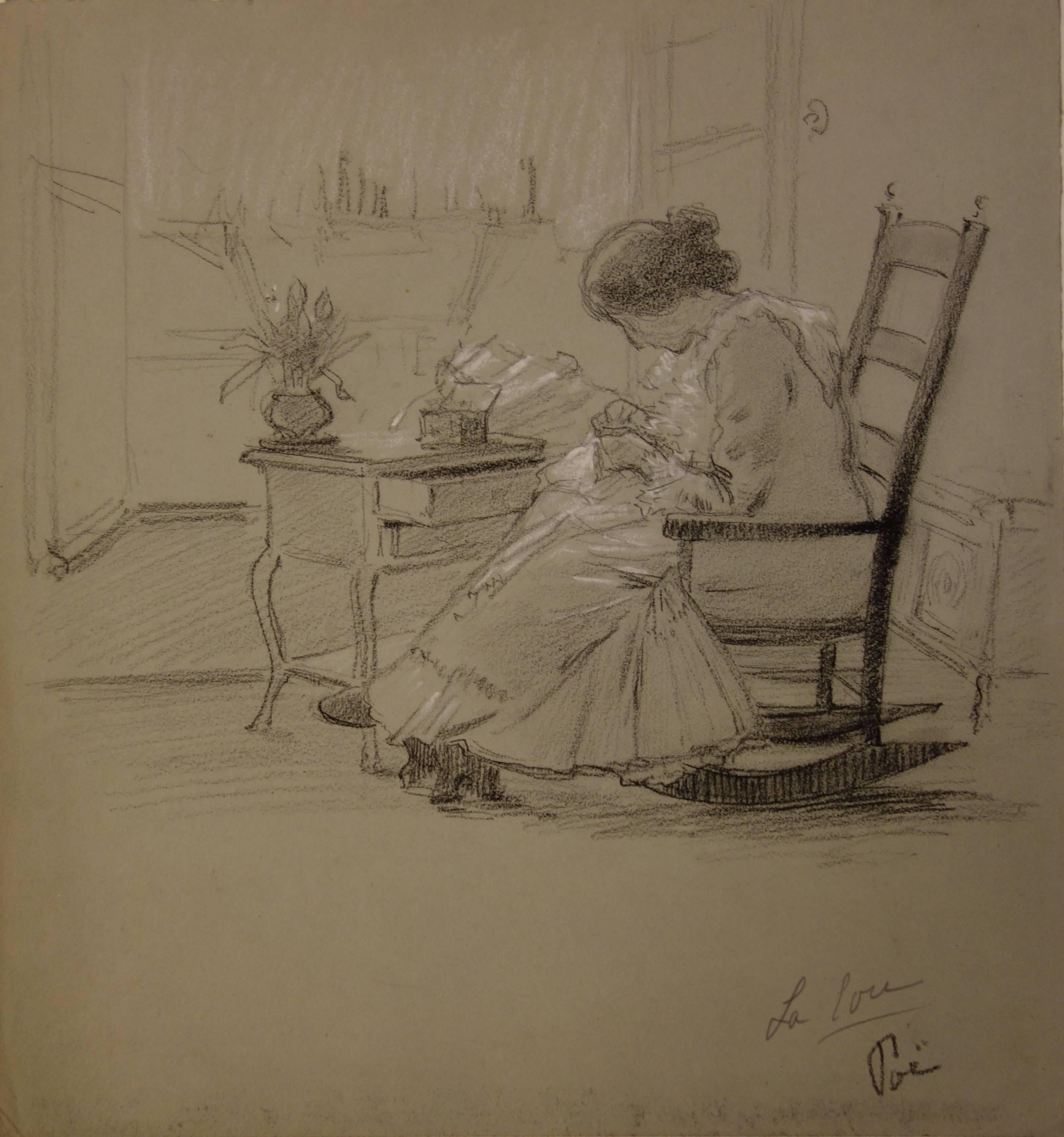Gustave Poetzsch Figurative Art - Woman Sewing - Original Signed Charcoals Drawing 