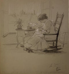 Woman Sewing - Original Signed Charcoals Drawing 