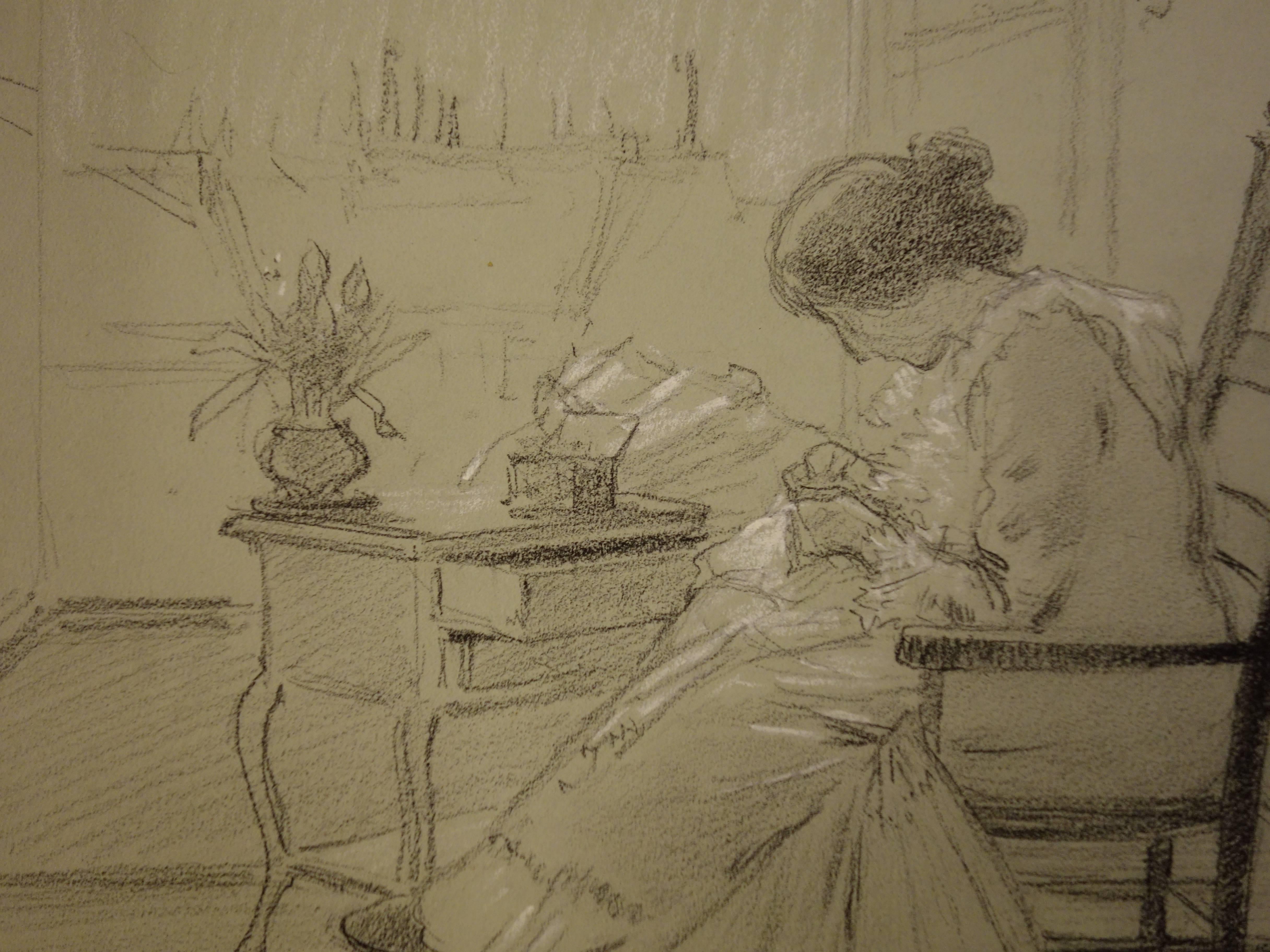 Gustave Poetzsch (1870-1950) 
Woman Sewing, c. 1900

Original charcoals and pencil drawing
Signed bottom right
Stamp of the Estate auction sale on the back
On grey tinted vellum 27 x 25 cm (c. 11 x 10 in)

Very good condition

Information : Gustave