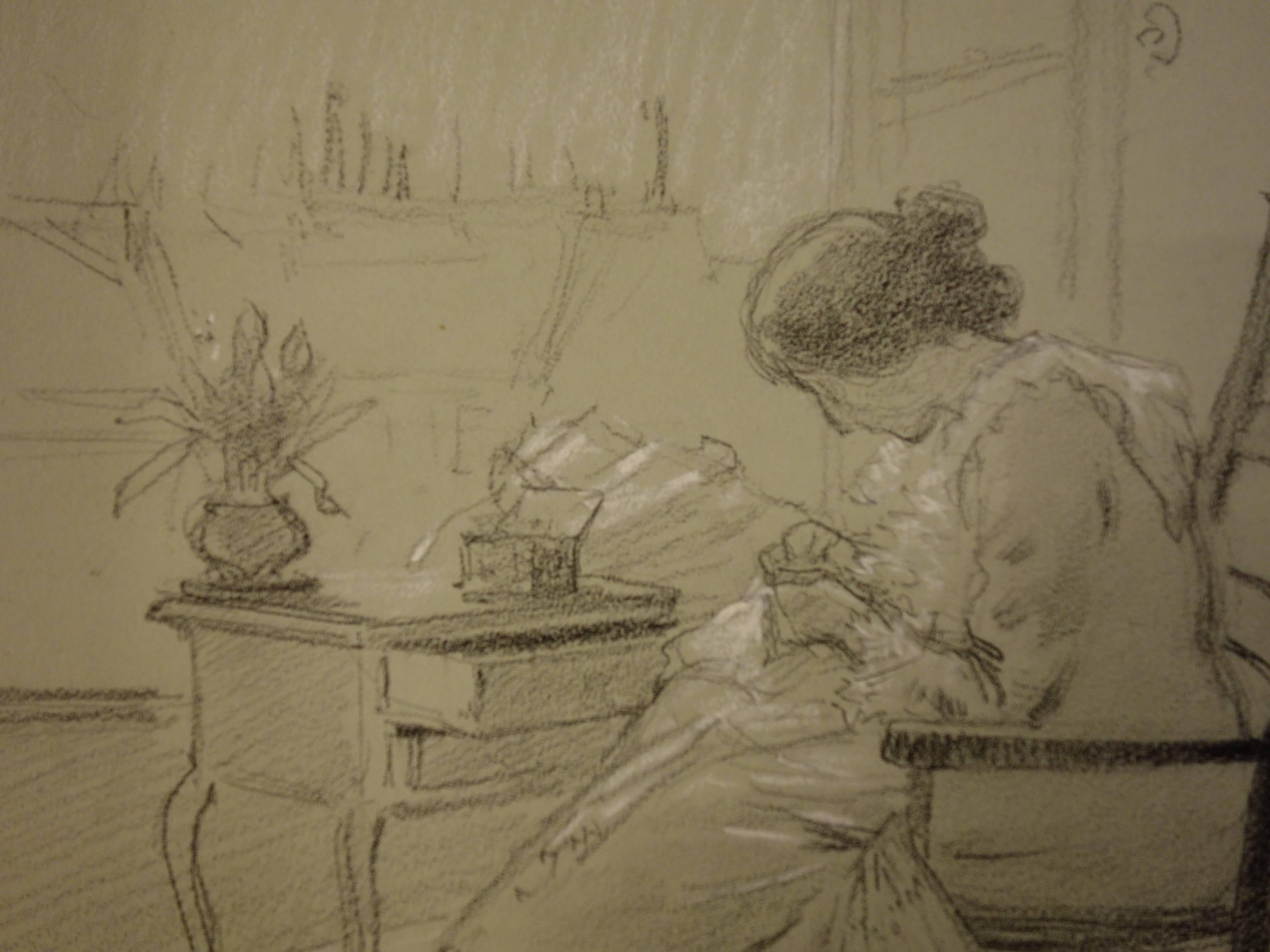 Woman Sewing - Original Signed Charcoals Drawing  1