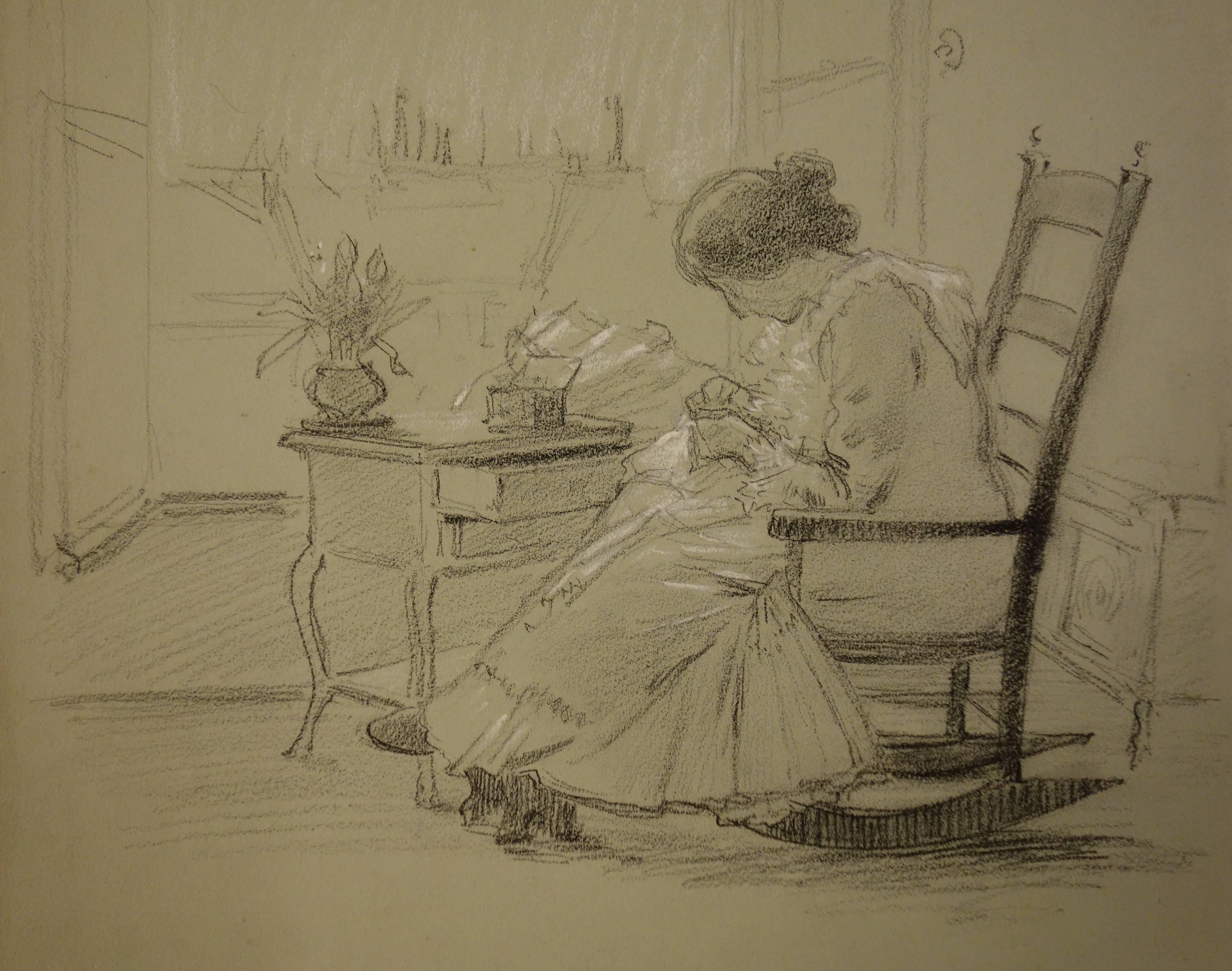 Woman Sewing - Original Signed Charcoals Drawing  - Realist Art by Gustave Poetzsch