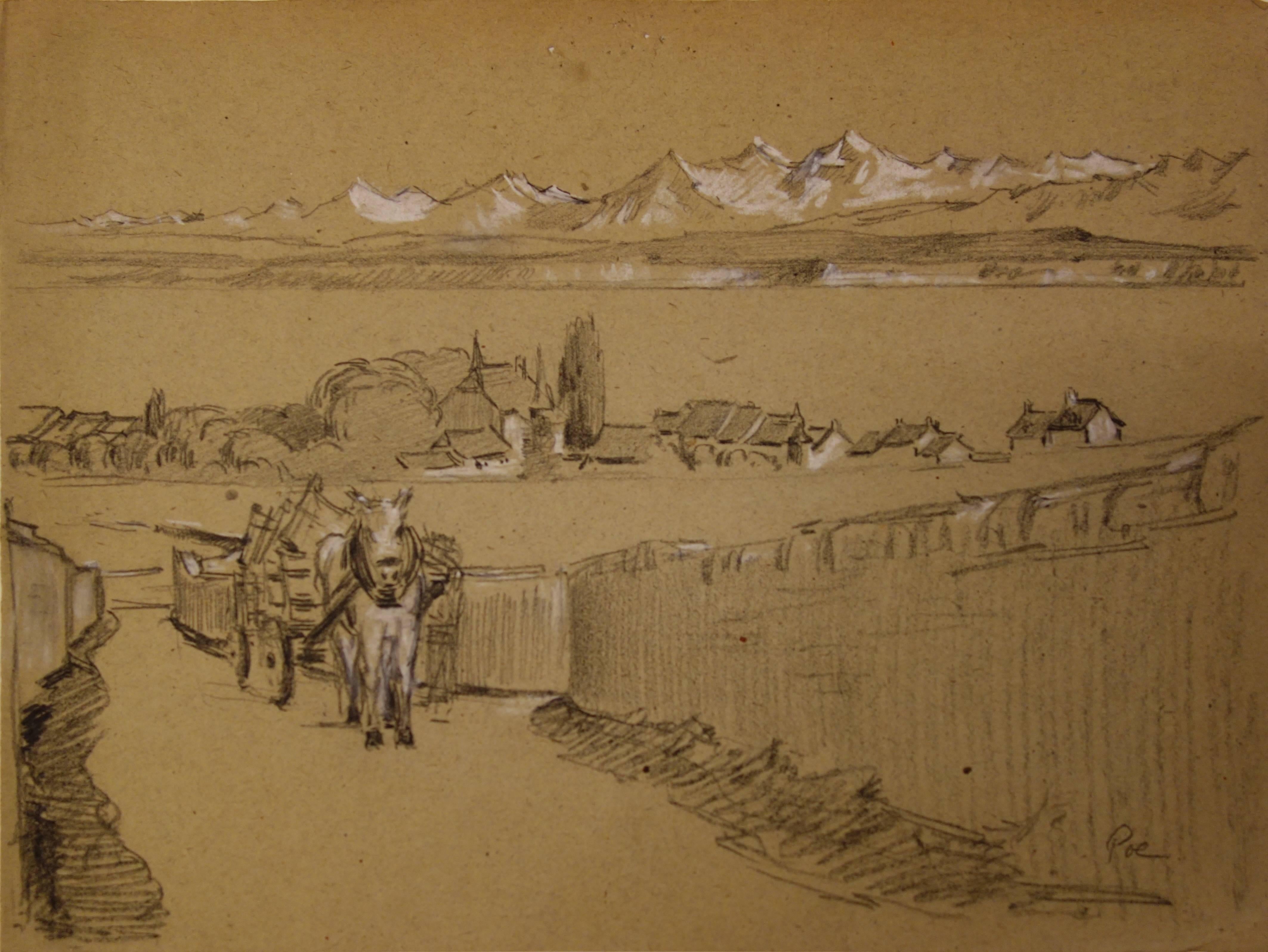 Carriage, die aus einem kleinen Dorf kam - Original signierte Kohlezeichnung  (Realismus), Art, von Gustave Poetzsch