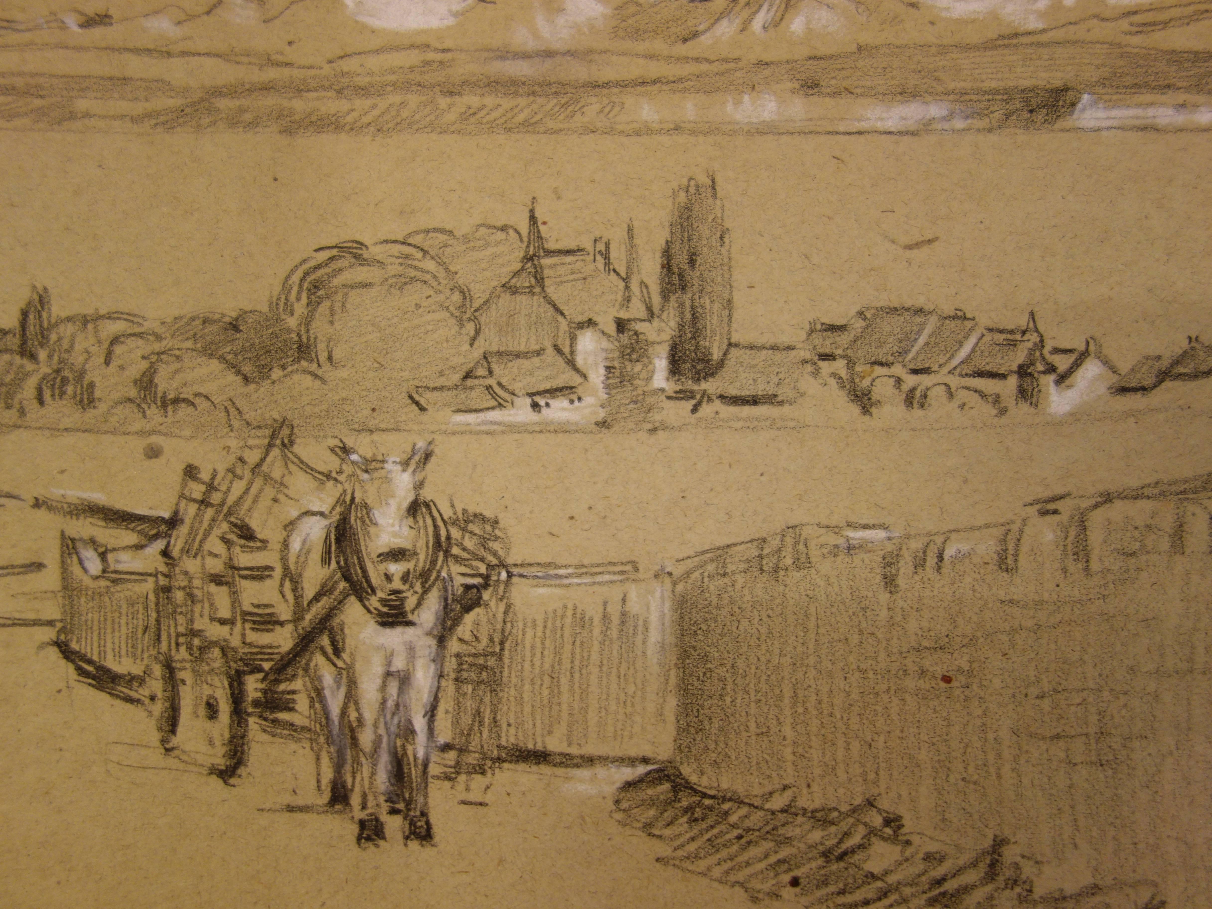 Chariot provenant d'un petit village - dessin original à charbon de bois signé  - Marron Figurative Art par Gustave Poetzsch