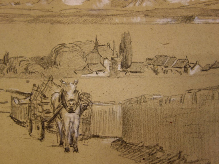 Carriage coming from a Small Village - Original Signed Charcoals Drawing  - Brown Figurative Art by Gustave Poetzsch