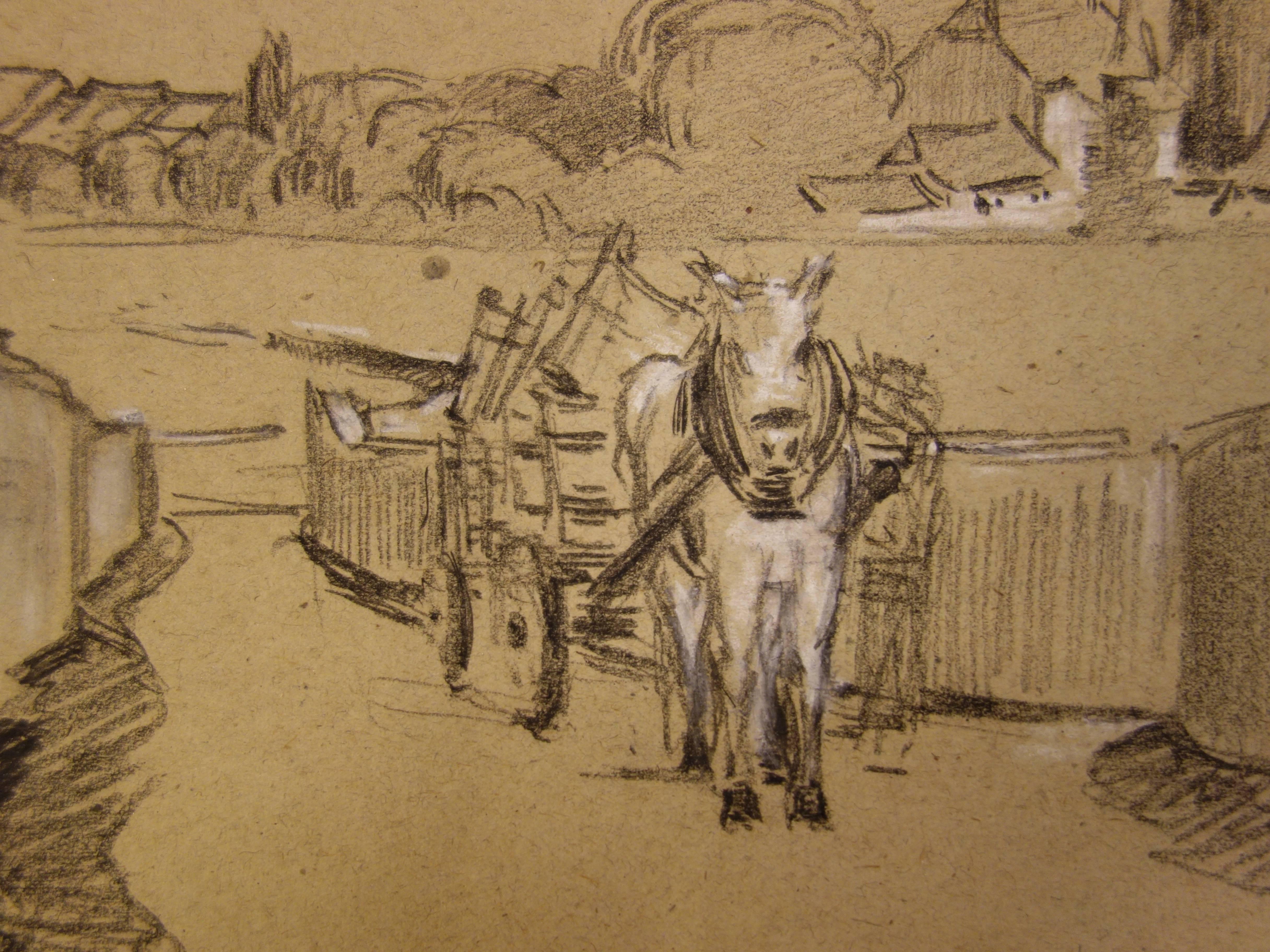 Gustave Poetzsch (1870-1950) 
Kutsche aus einem kleinen Dorf kommend, um 1900

Original-Kohle und Bleistiftzeichnung
Signiert unten rechts
Stempel der Nachlassversteigerung auf der Rückseite
Auf ockerfarbenem getöntem Pergament 22 x 29 cm (ca. 9 x
