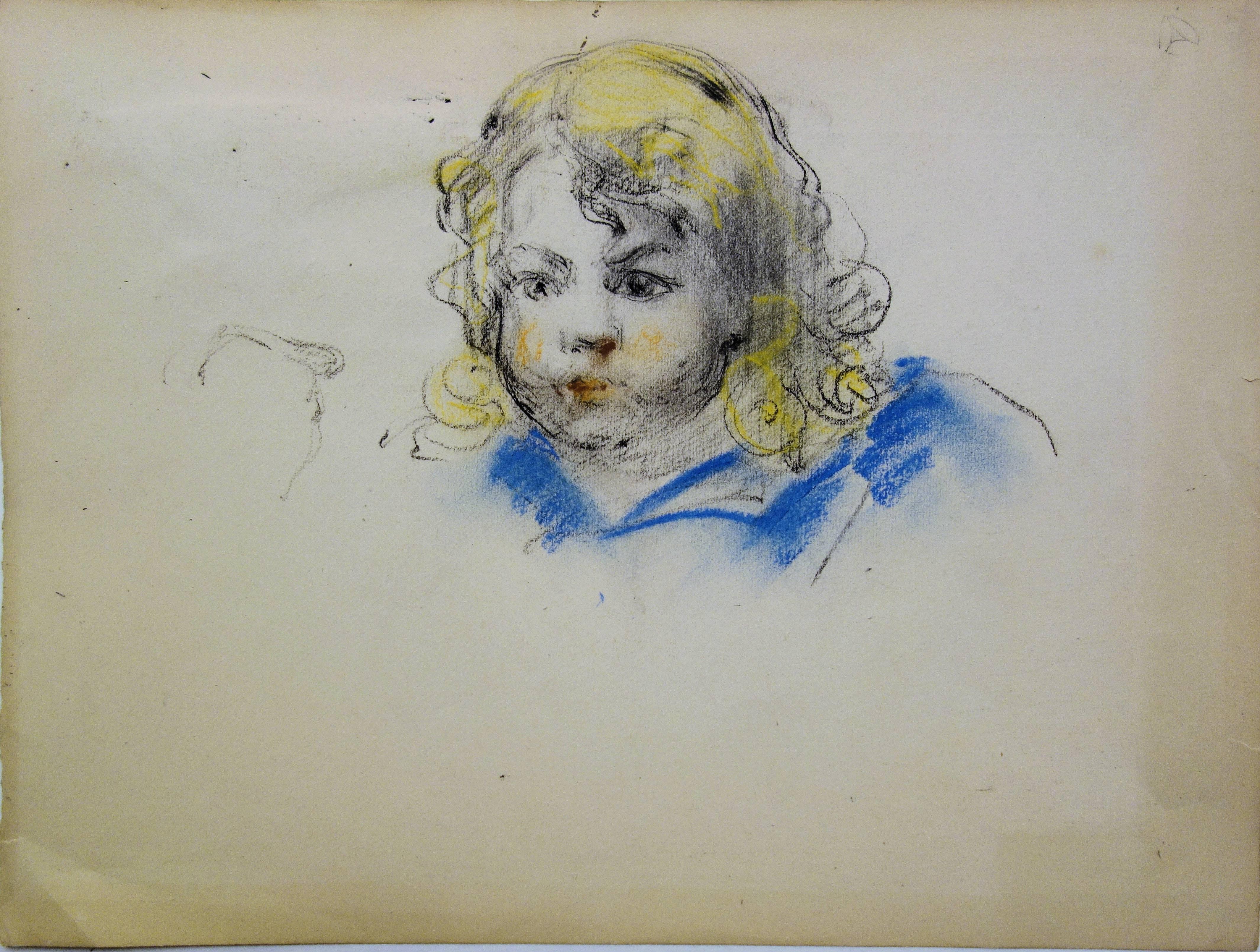 Junger Junge mit langem blondem Haar - Original Kohlezeichnung  – Art von Gustave Poetzsch