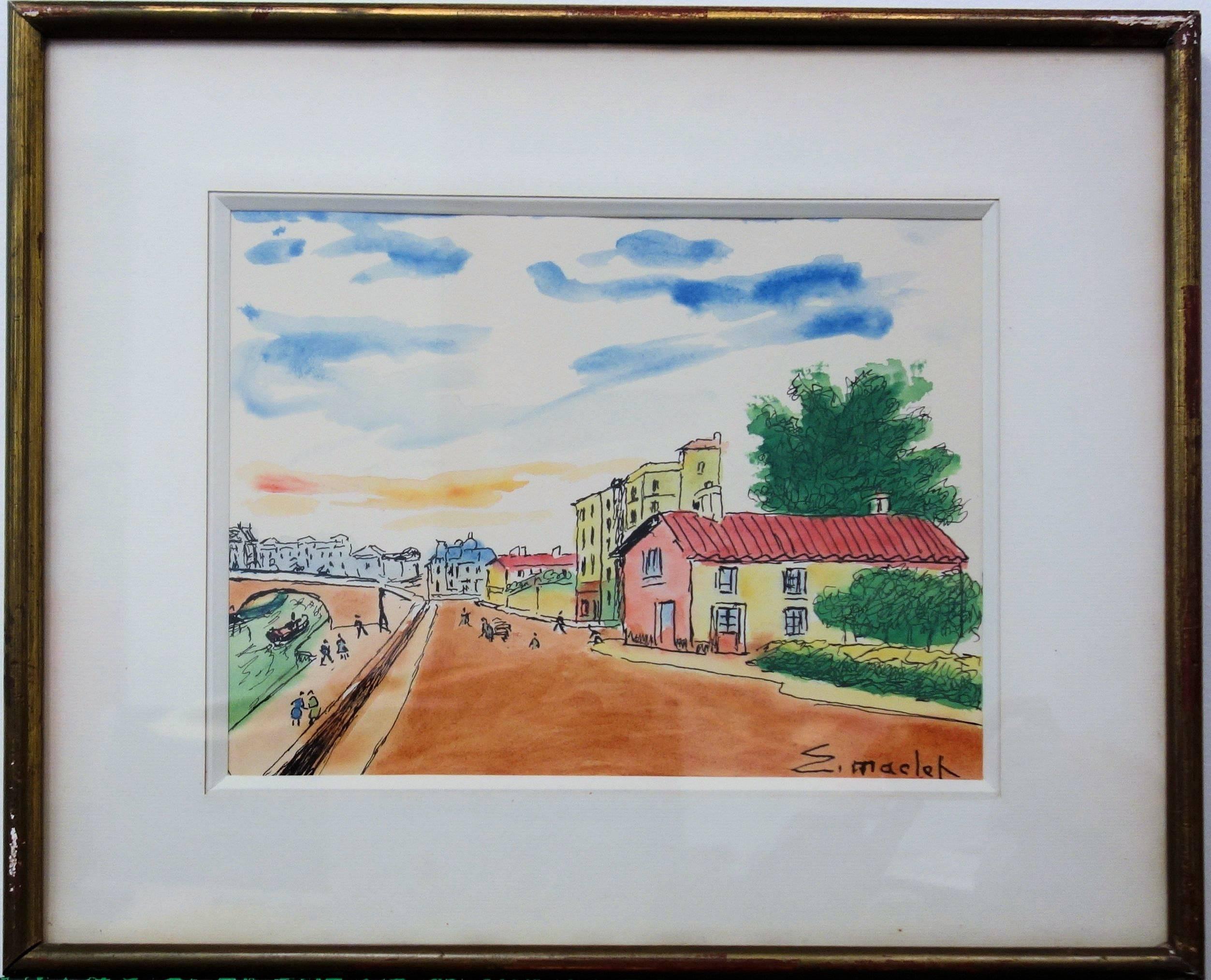 Elisée Maclet Landscape Art - Paris : Seine River at Ivry - Handsigned watercolor - circa 1950