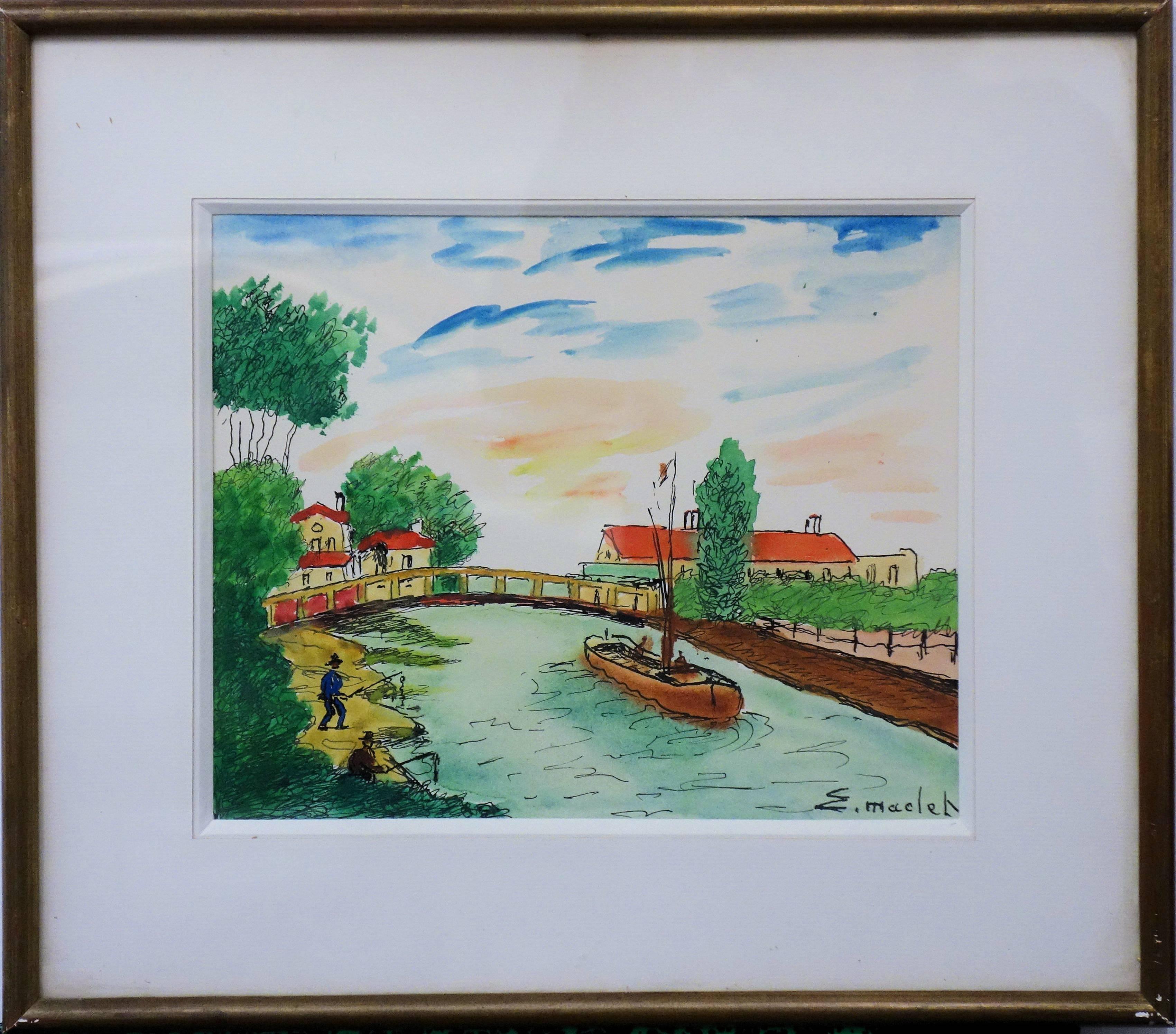 Elisée Maclet Landscape Art - Surroundings of Paris : Near Seine River - Handsigned watercolor - circa 1950