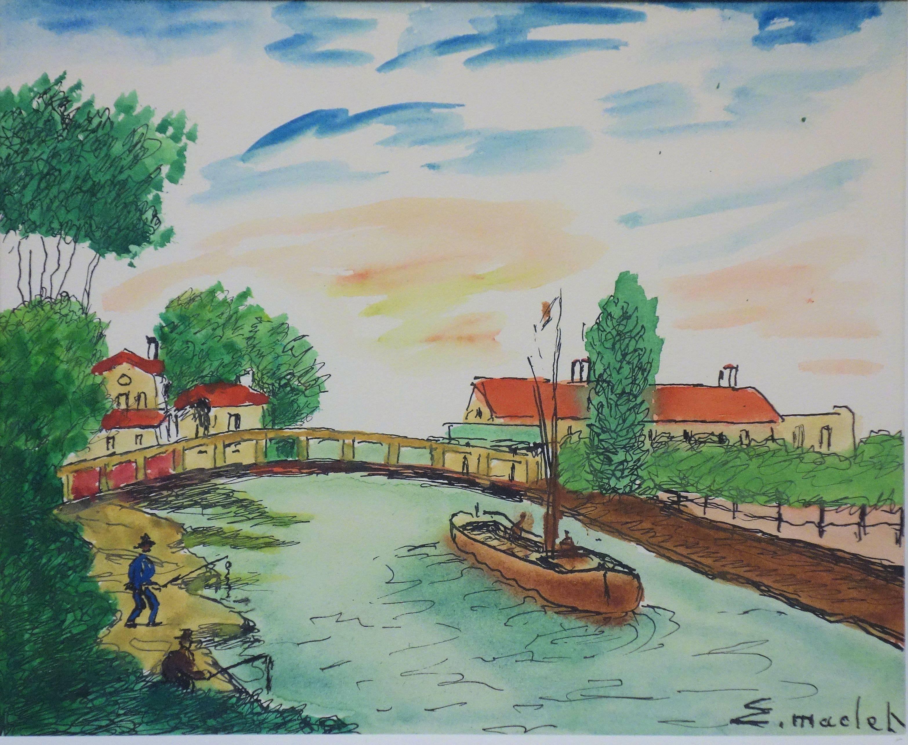 Surroundings of Paris : Near Seine River - Handsigned watercolor - circa 1950 - Post-Impressionist Art by Elisée Maclet