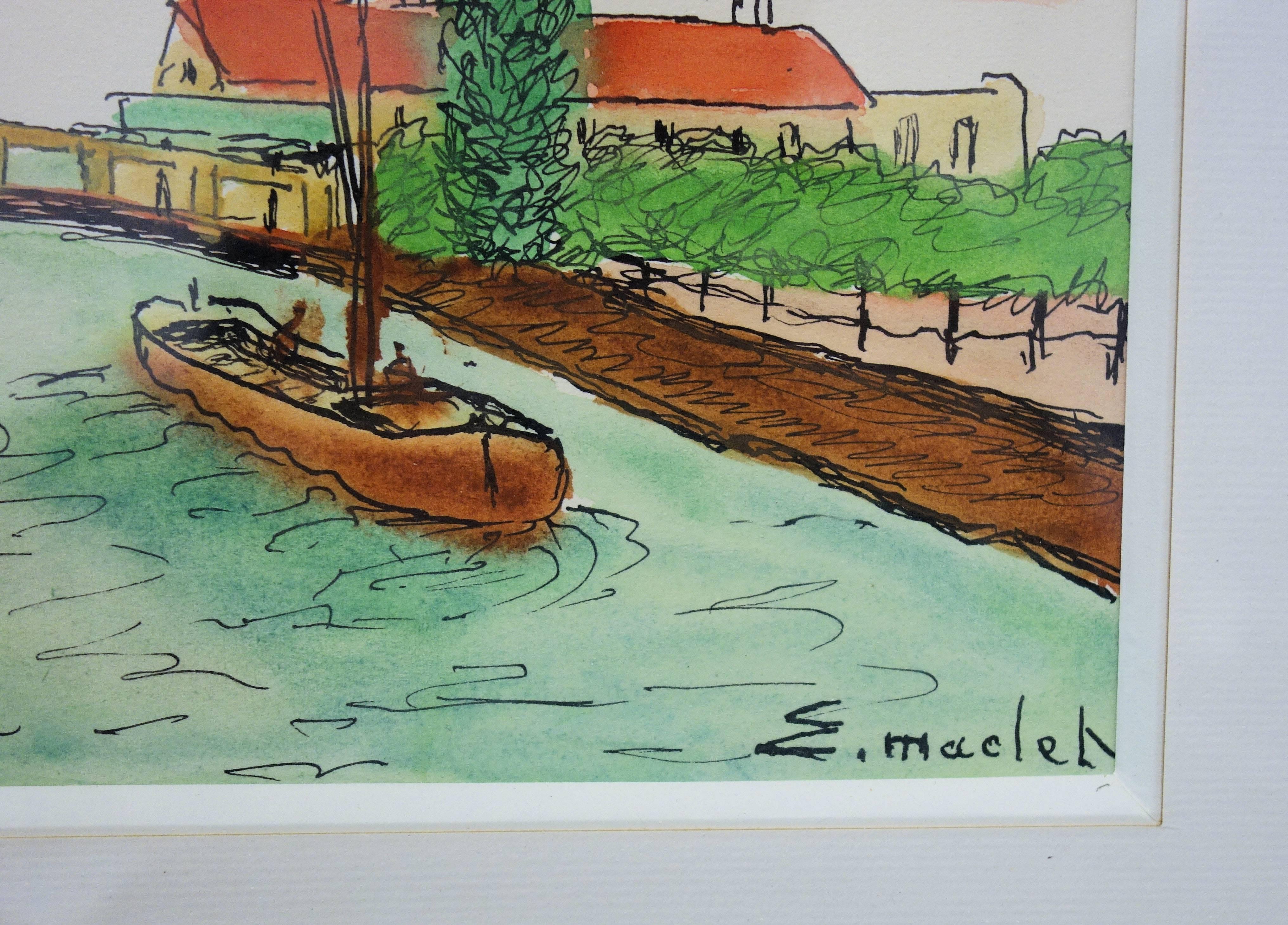 Surroundings of Paris : Near Seine River - Handsigned watercolor - circa 1950 - Art by Elisée Maclet