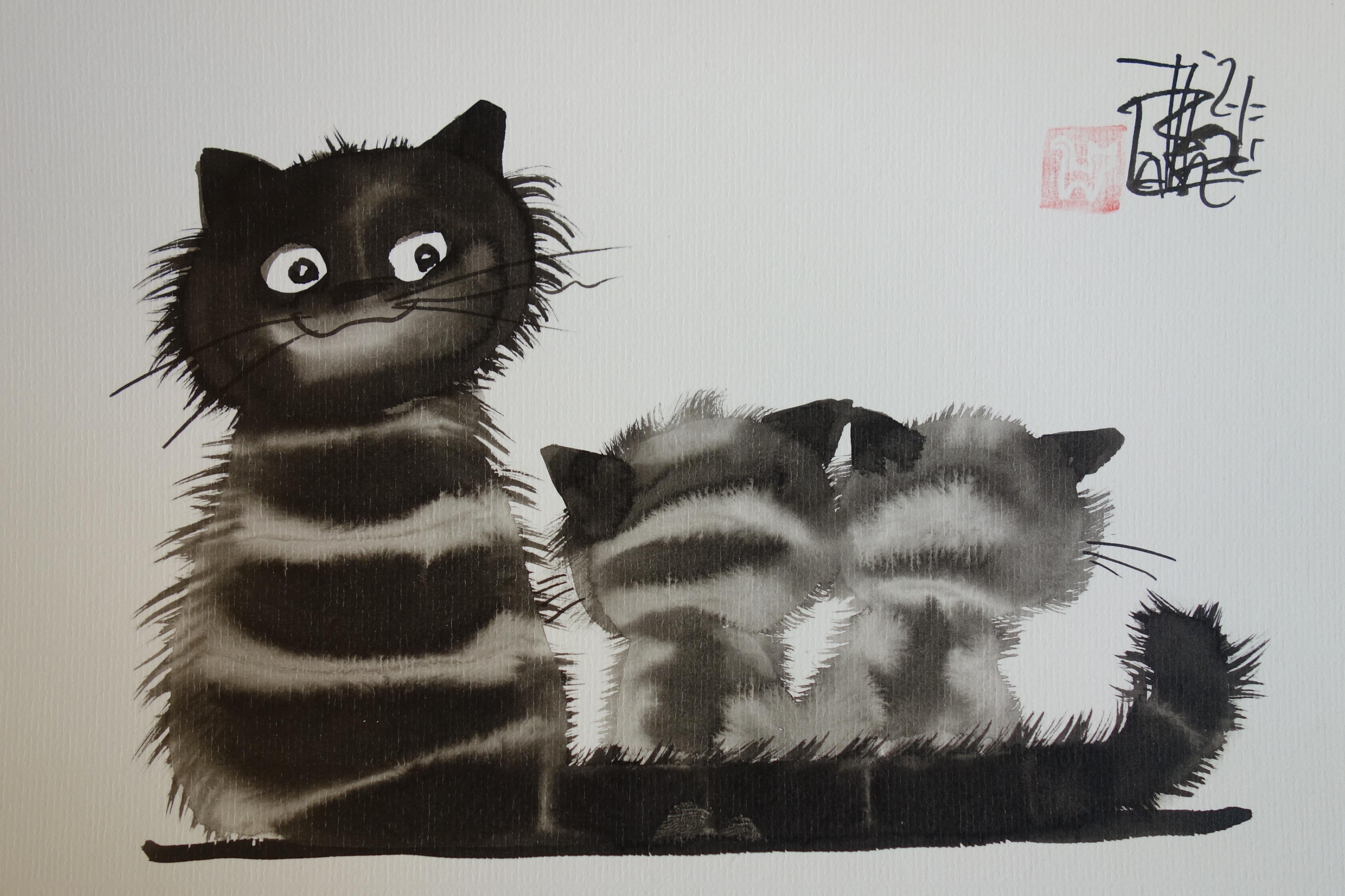 Laszlo Tibay Animal Art - Cat and Kittens - Handsigned Original Ink Drawing 