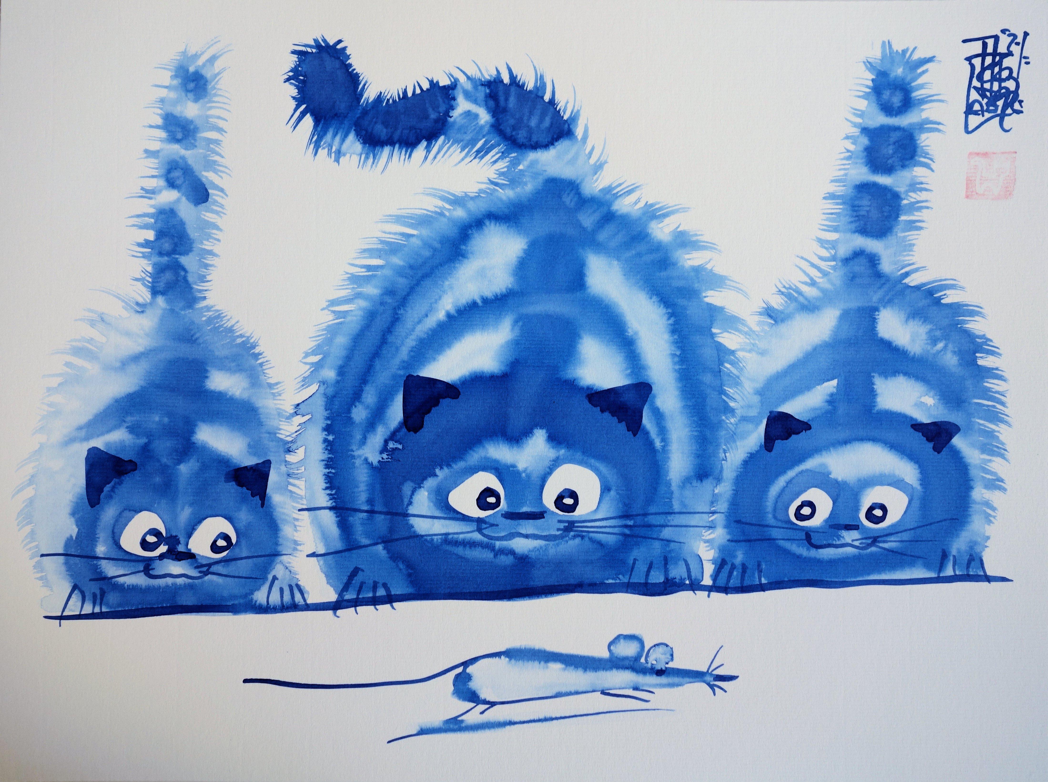 Laszlo Tibay Animal Art - Cat, Kittens and Running Mouse - Handsigned Original Ink Drawing 