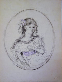 Young Girl with Pink Ribbon - Original Charcoals Drawing 
