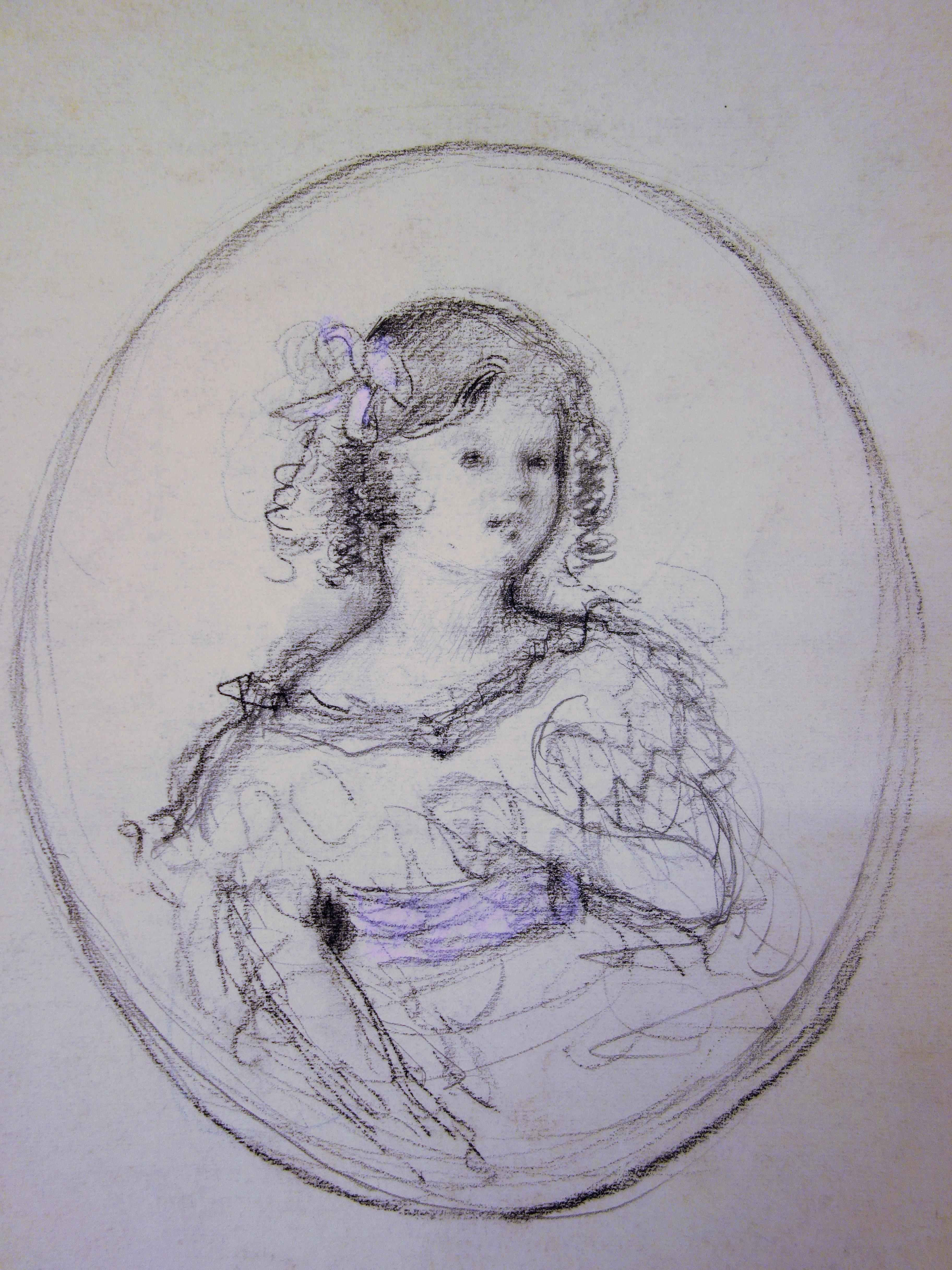 Jeune fille avec un ruban rose - Dessin d'origine au fusain  - Réalisme Art par Gustave Poetzsch