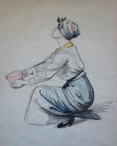 Woman Gardening - Original Watercolor and Pencil Drawing 