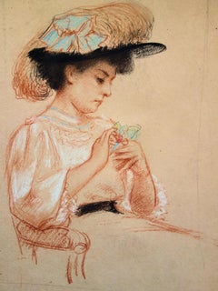 Elegant Woman Eating Cherries - Original Charcoals Drawing 