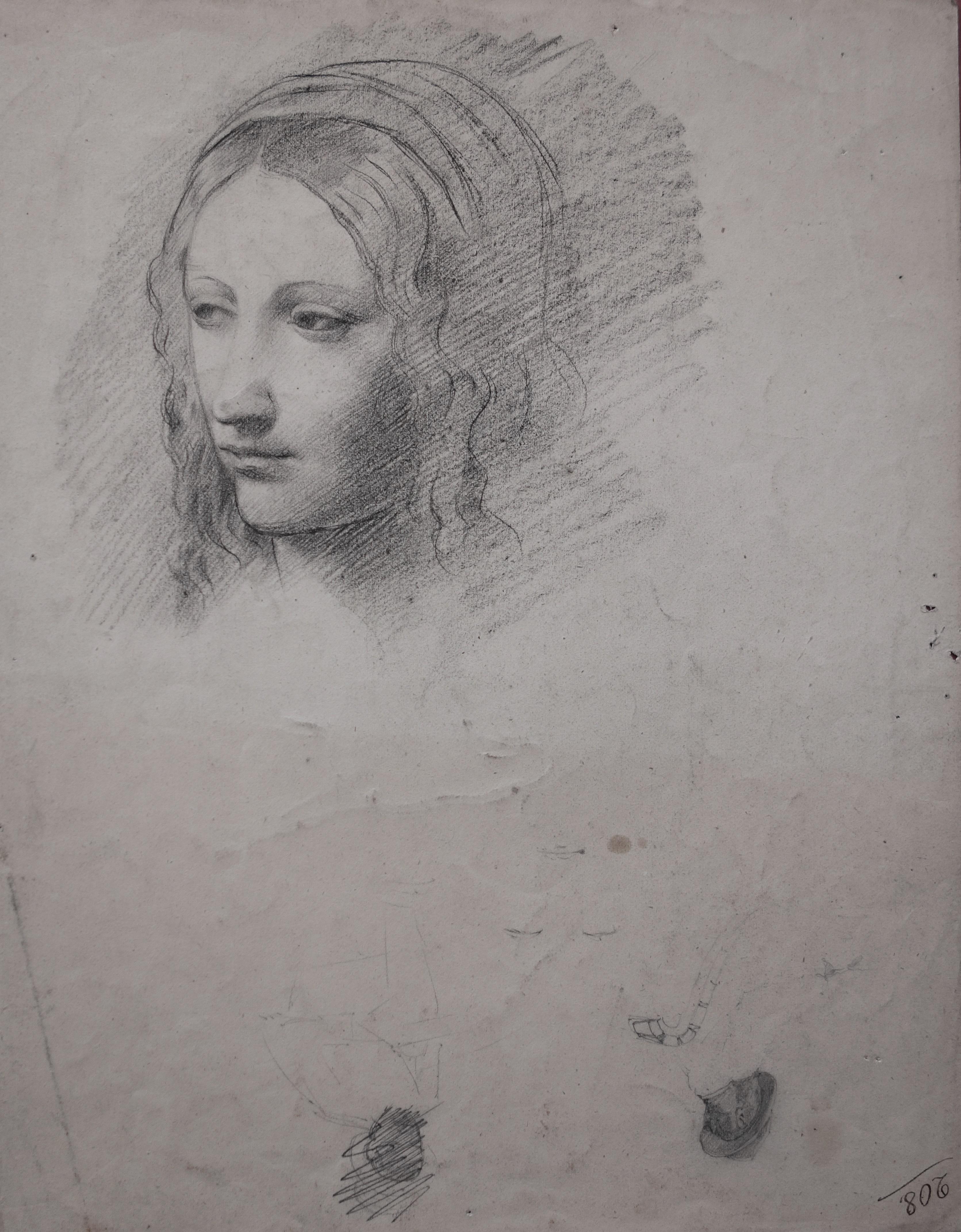 Tribute to Leonardo Da Vinci : Study of Woman Face - Original Pencil Drawing  - Art by Gustave Poetzsch