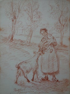 Woman, Baby and Goat - Original Signed Sanguine Pencil Drawing 