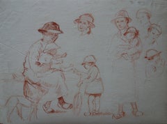 Family Playing in the Garden - Original Sanguine Pencil Drawing