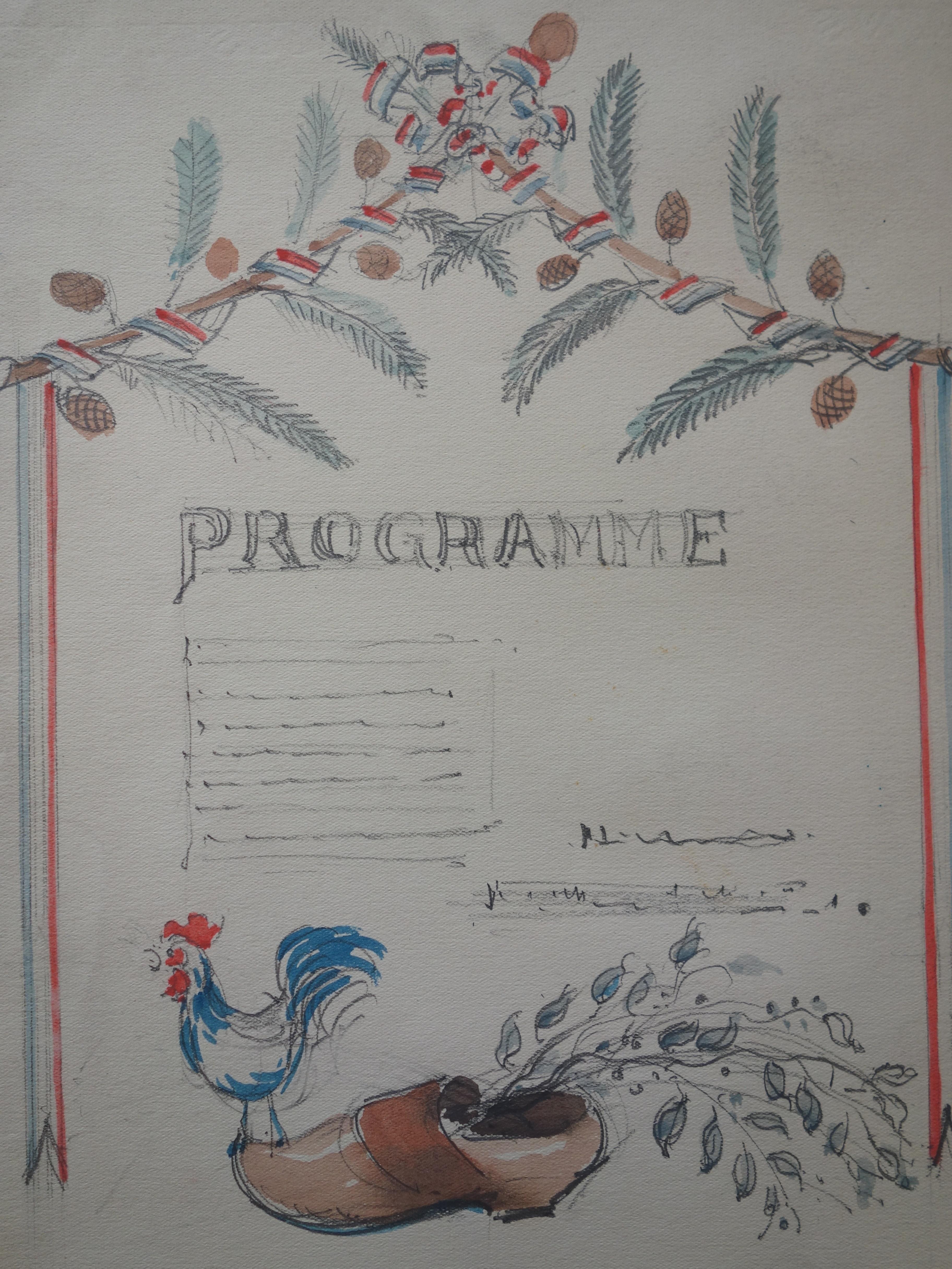 Study for a Celebration Menu - Original signierte Aquarell- und Bleistiftzeichnung  (Realismus), Art, von Gustave Poetzsch