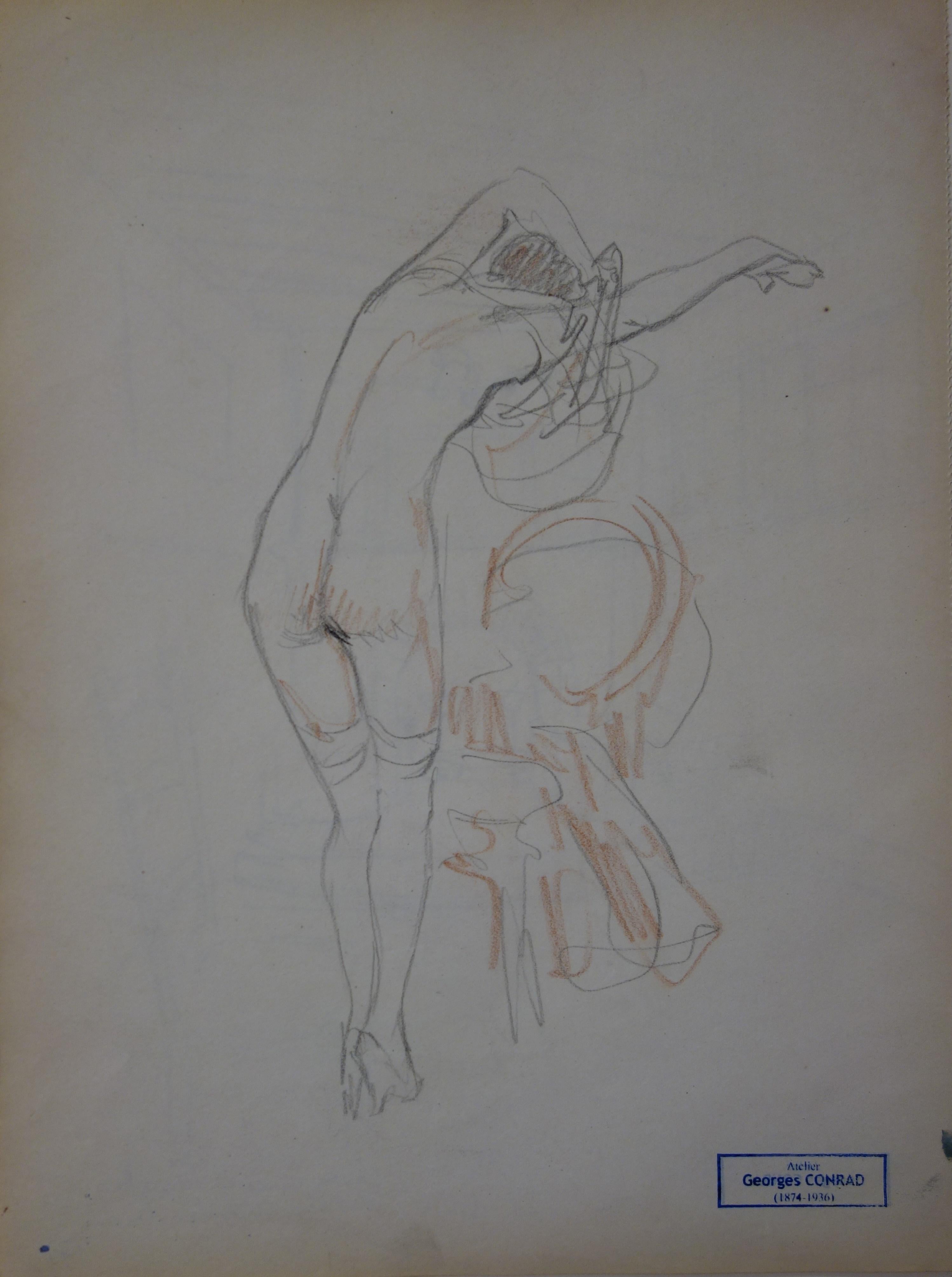 Georges Conrad Figurative Art - Woman Undressing - Pencil drawing - circa 1914