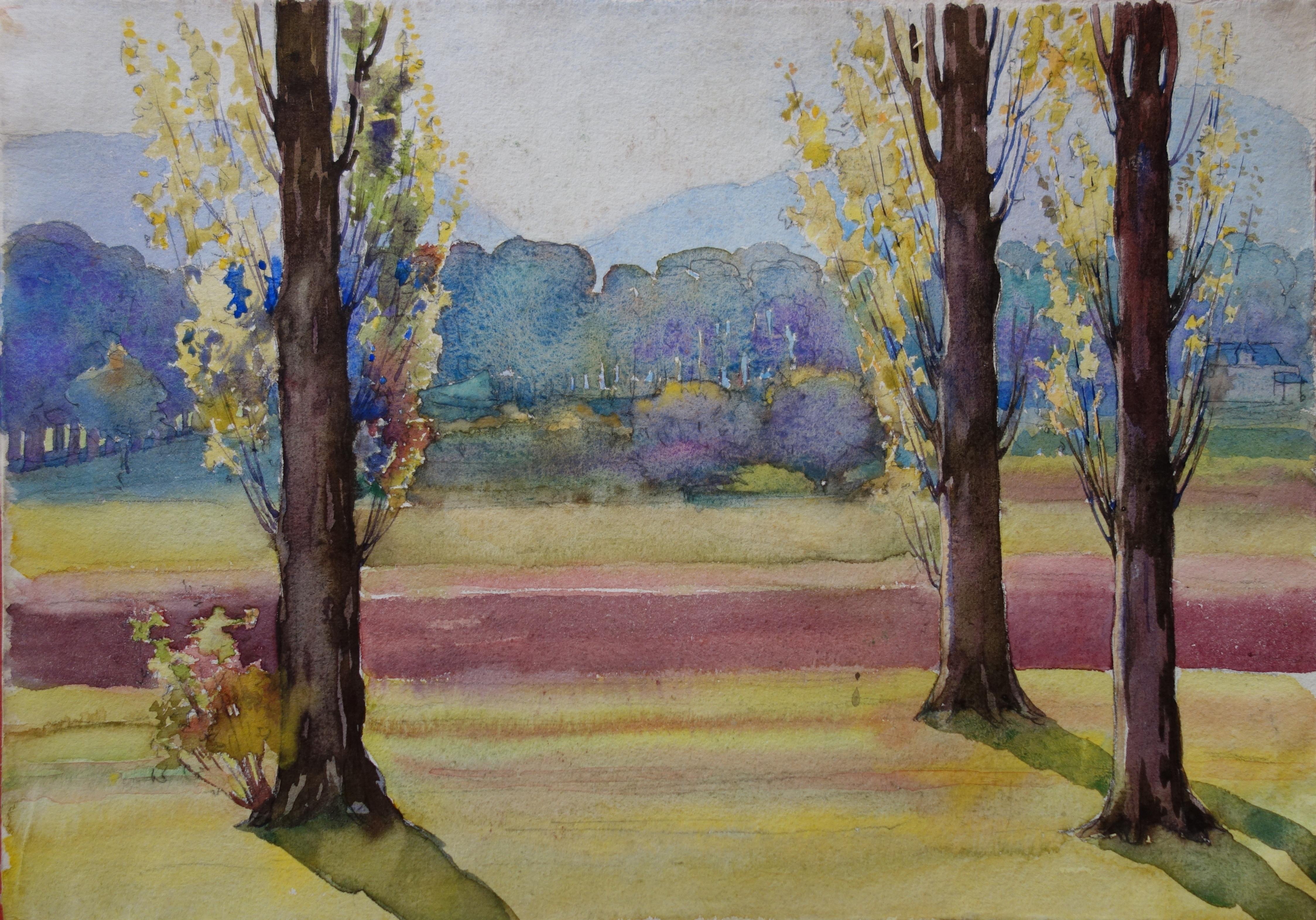 Gustave Poetzsch Landscape Art - Spring : Trees near the Road - Original Watercolor