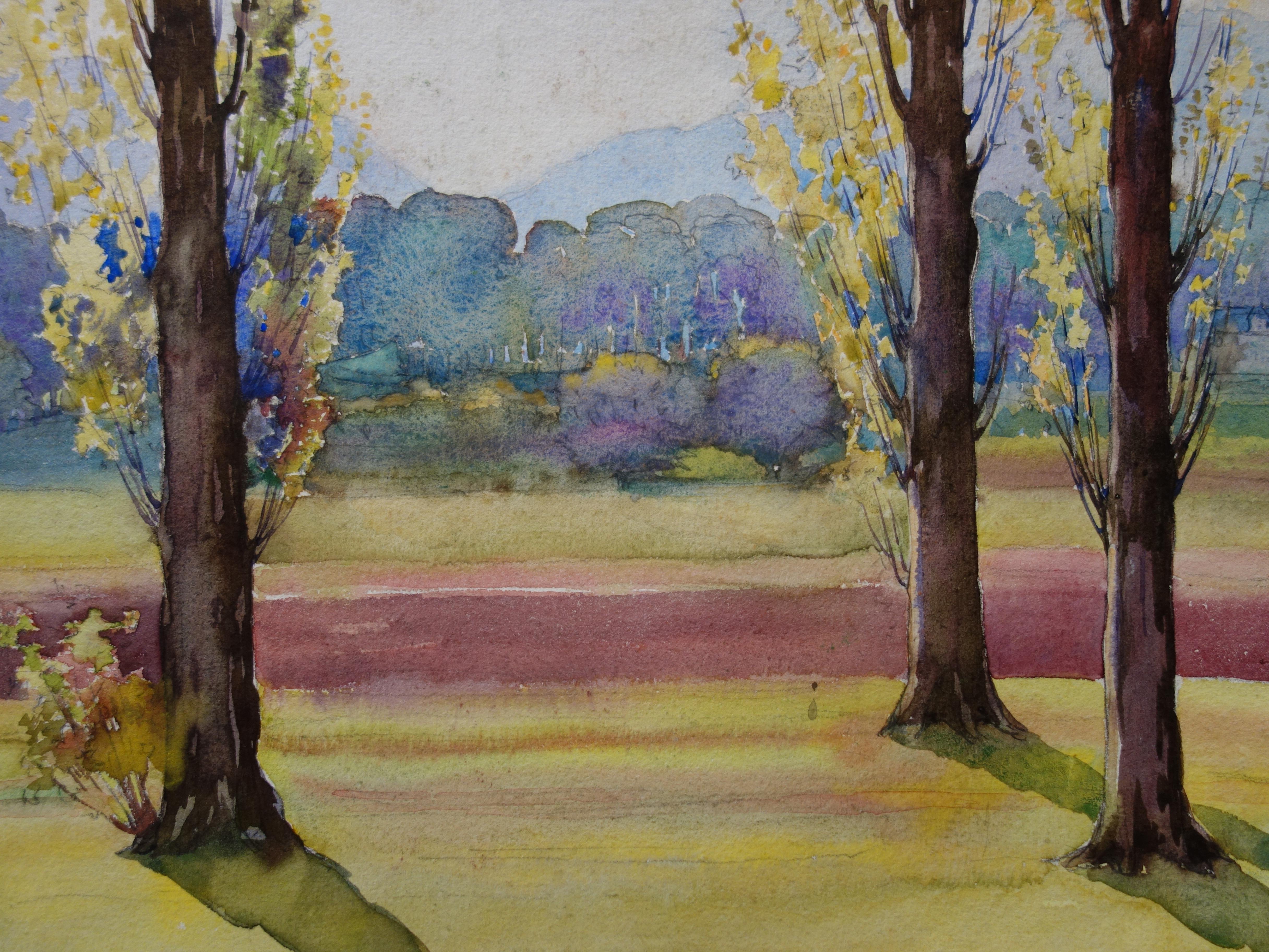 Spring : Trees near the Road - Original Watercolor - Realist Art by Gustave Poetzsch