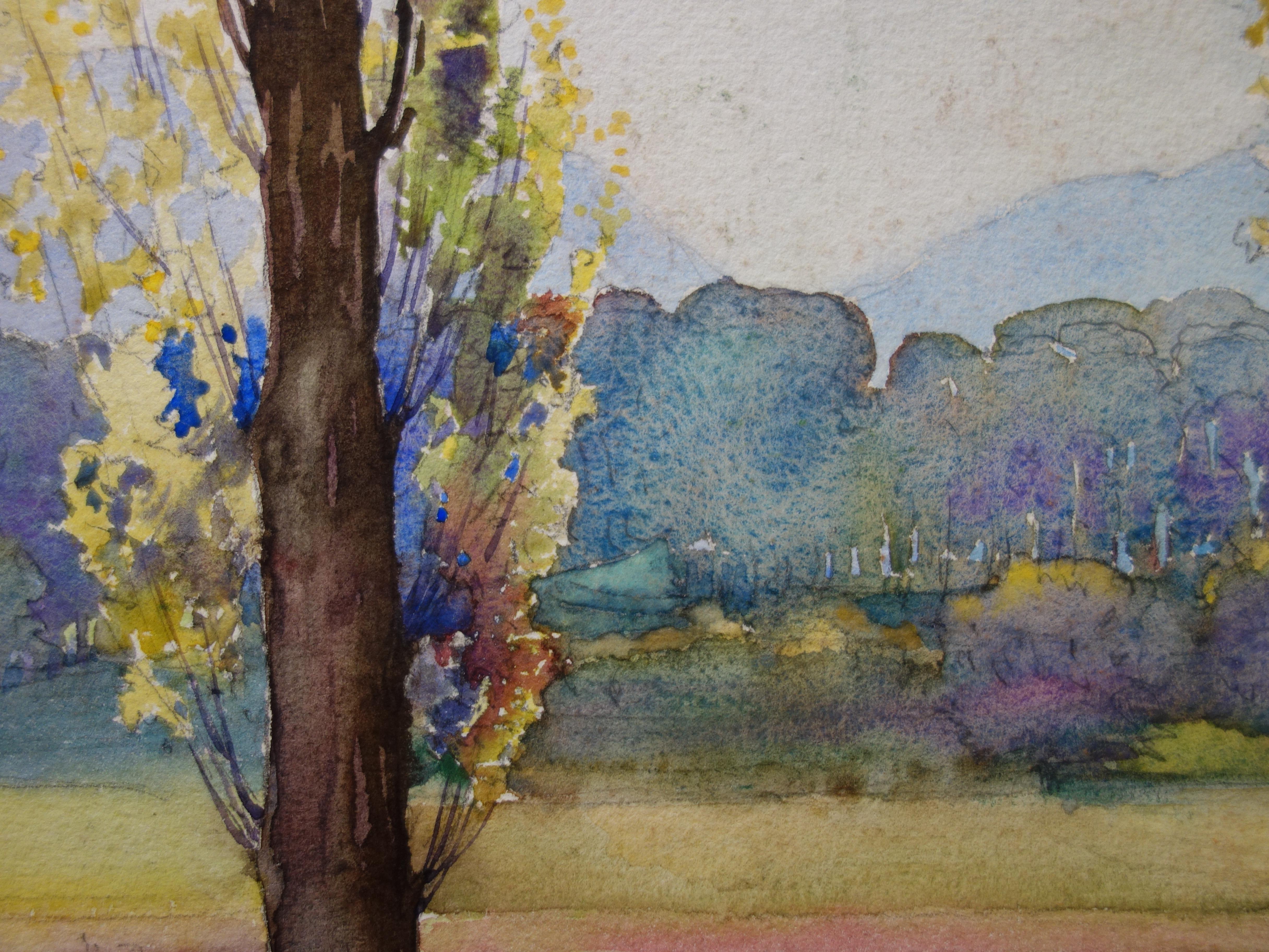 Gustave Poetzsch (1870-1950) 
Spring : Trees near the Road

Original watercolor 
Stamp of the Estate auction sale on the back
on cream vellum 25 x 35 cm (c. 10 x 14 in)

Very good condition

Information : Gustave Poetzsch came in Pairs in 1892. He