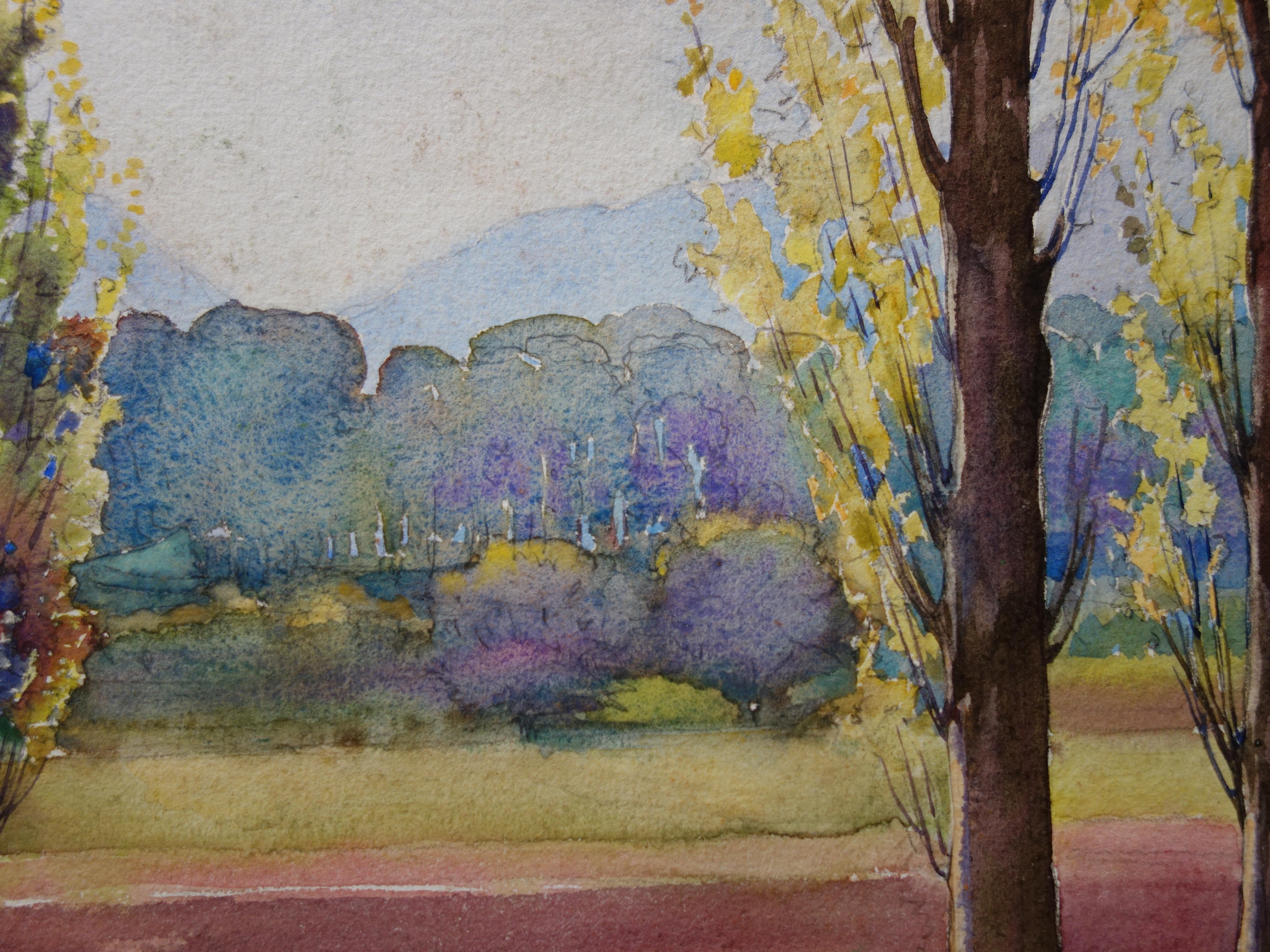 Spring : Trees near the Road - Original Watercolor - Brown Landscape Art by Gustave Poetzsch